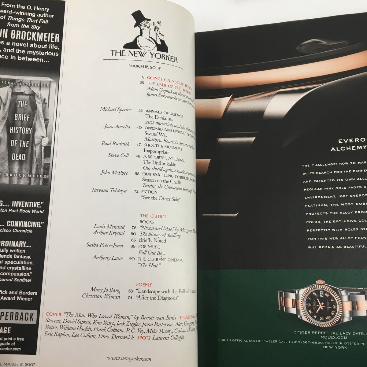 Interior page of The New Yorker Magazine, March 12, 2007, showcasing the table of contents and advertisements, highlighting the issue's literary features.