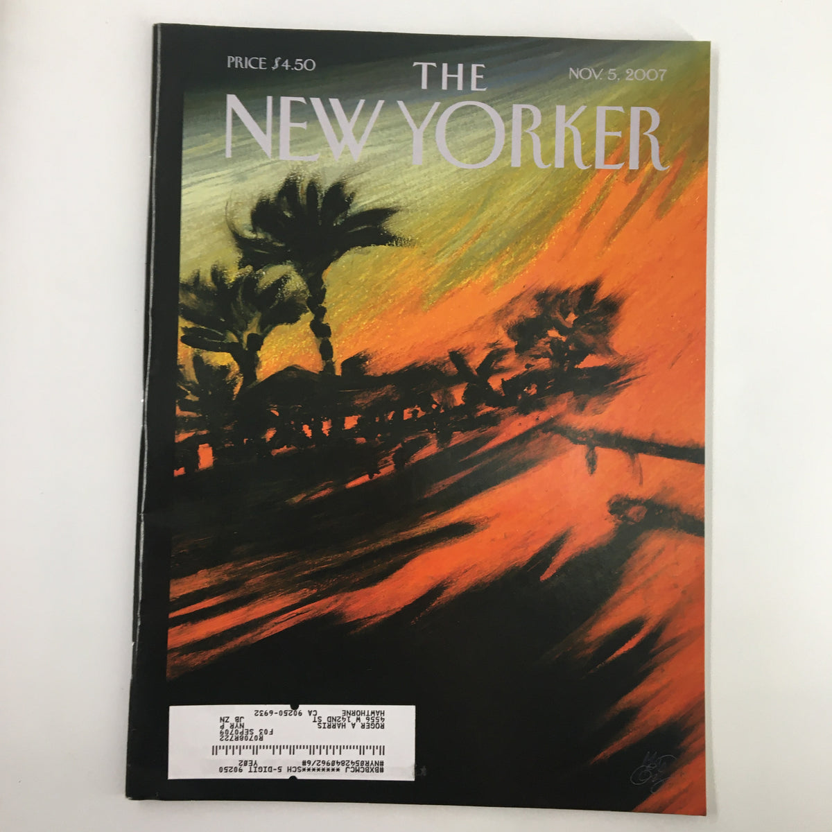 The New Yorker Magazine cover from November 5, 2007, featuring a striking 'Wild Fires' illustration by Lorenzo Mattotti, showcasing vivid colors of nature's fury.