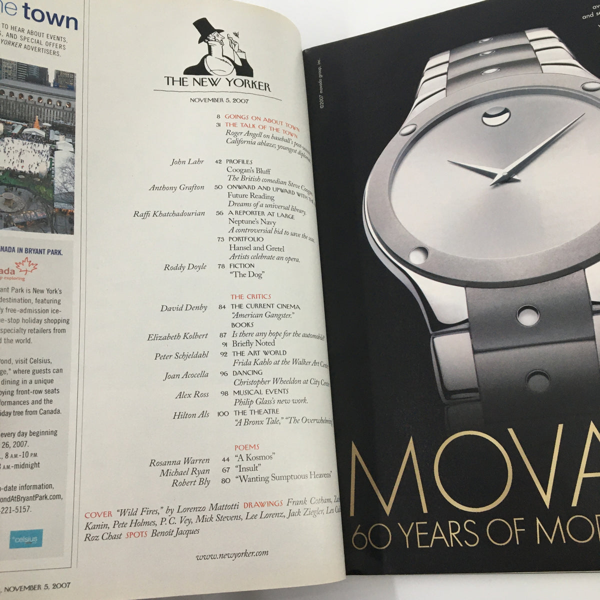 Inside pages of The New Yorker Magazine, November 5, 2007, featuring the editorial list and an advertisement for MOVADO watches, accompanying the cover illustration 'Wild Fires' by Lorenzo Mattotti. This vintage issue highlights fascinating content and artistic design.