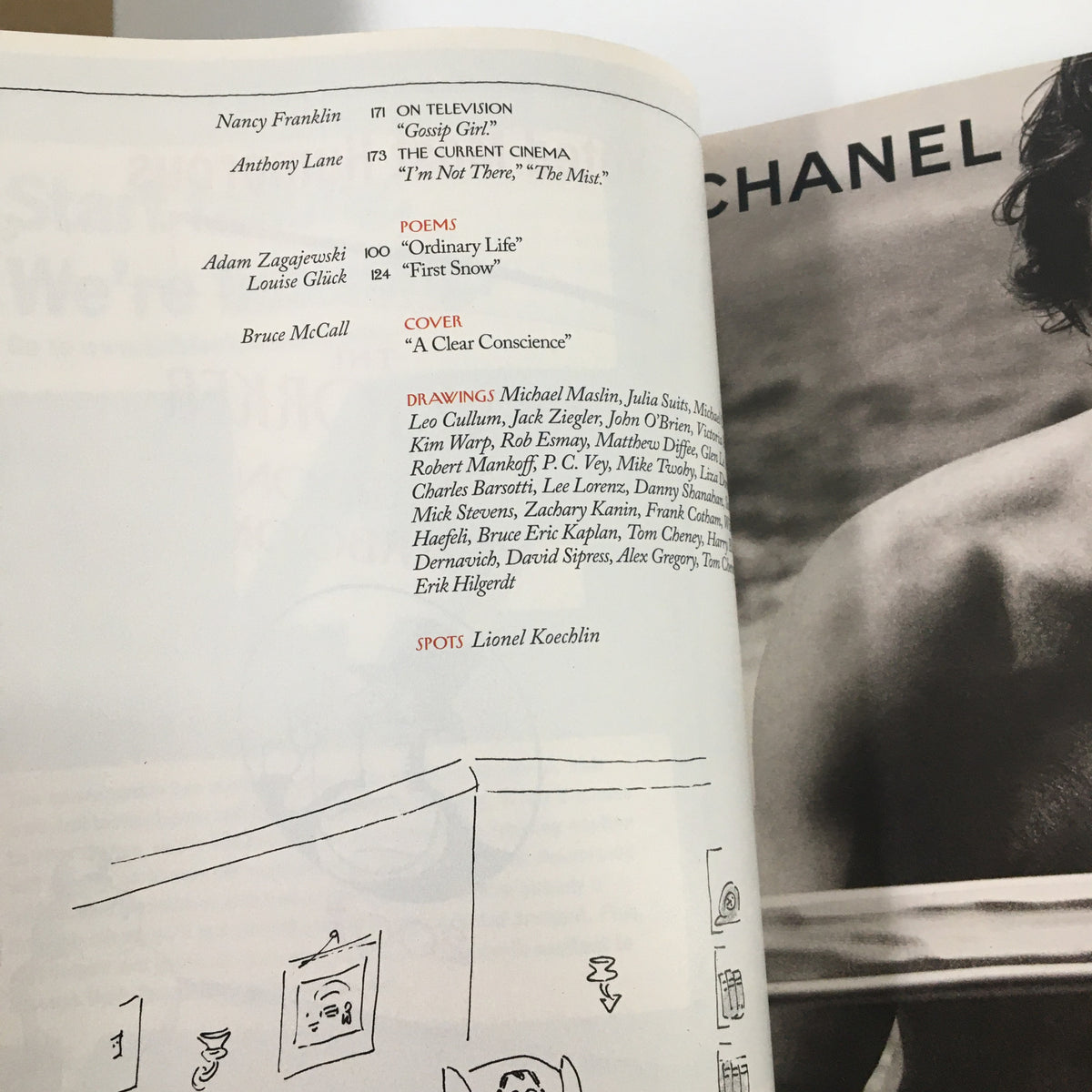Interior page of The New Yorker Magazine from November 26, 2007, showcasing the poem section, contributions from various authors including Bruce McCall, and an illustration representing the featured article 'A Clear Conscience'.
