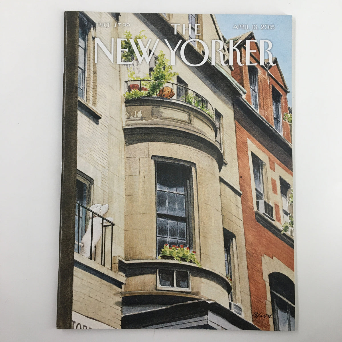 Cover of The New Yorker Magazine, April 13, 2015, featuring an illustrated balcony scene by Harry Bliss, showcasing architectural details and vibrant flowers.