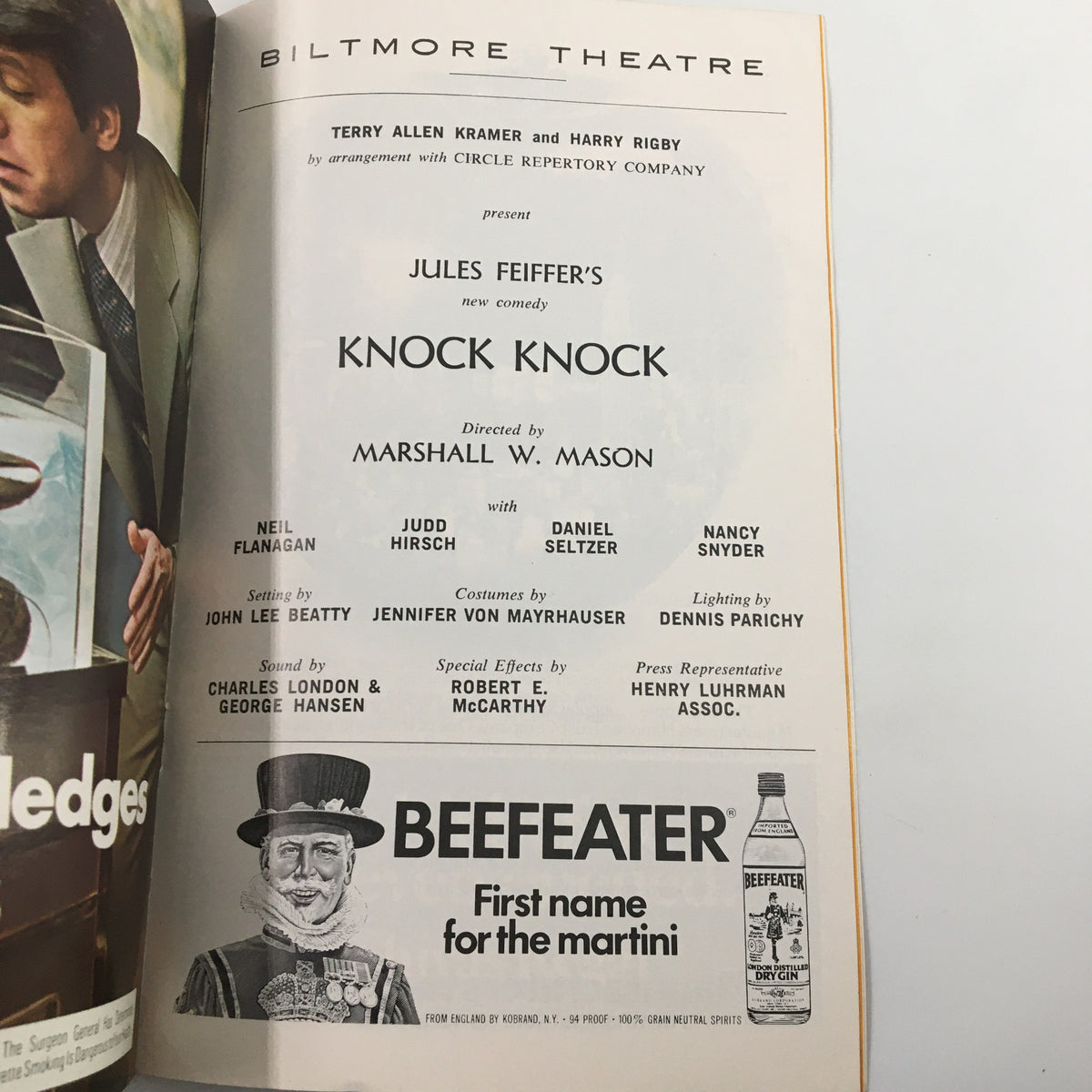 Second inside page of the 1976 Playbill for Knock Knock at the Biltmore Theatre, featuring cast and crew details including Neil Flanagan and director Marshall W. Mason.
