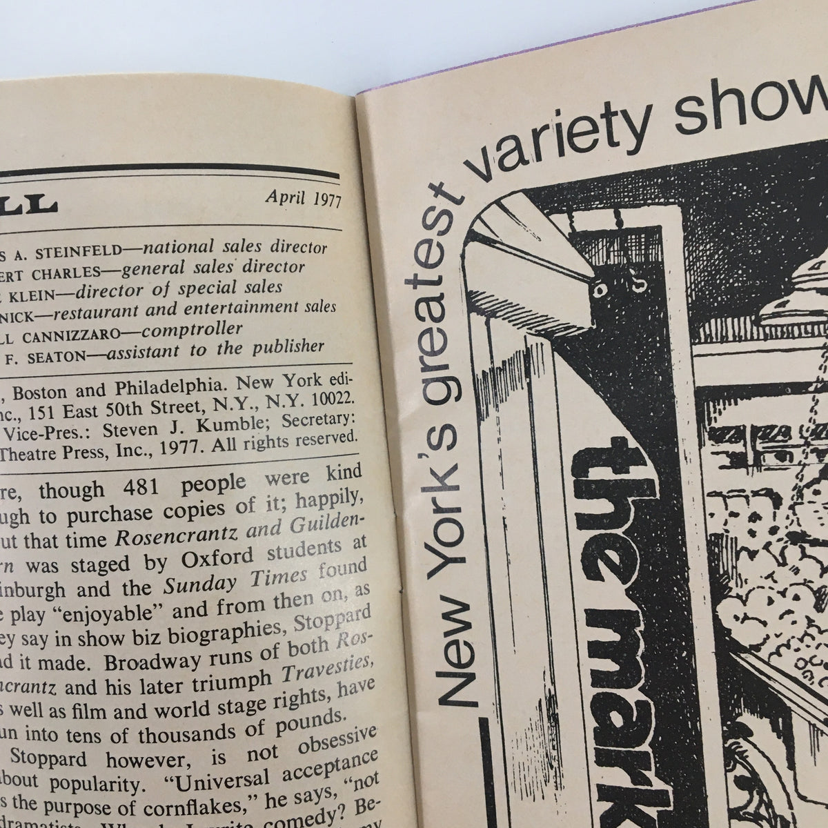 Inside spread of the 1977 Playbill for Same Time, Next Year, featuring contributions and advertisements related to New York's Brooks Atkinson Theatre.