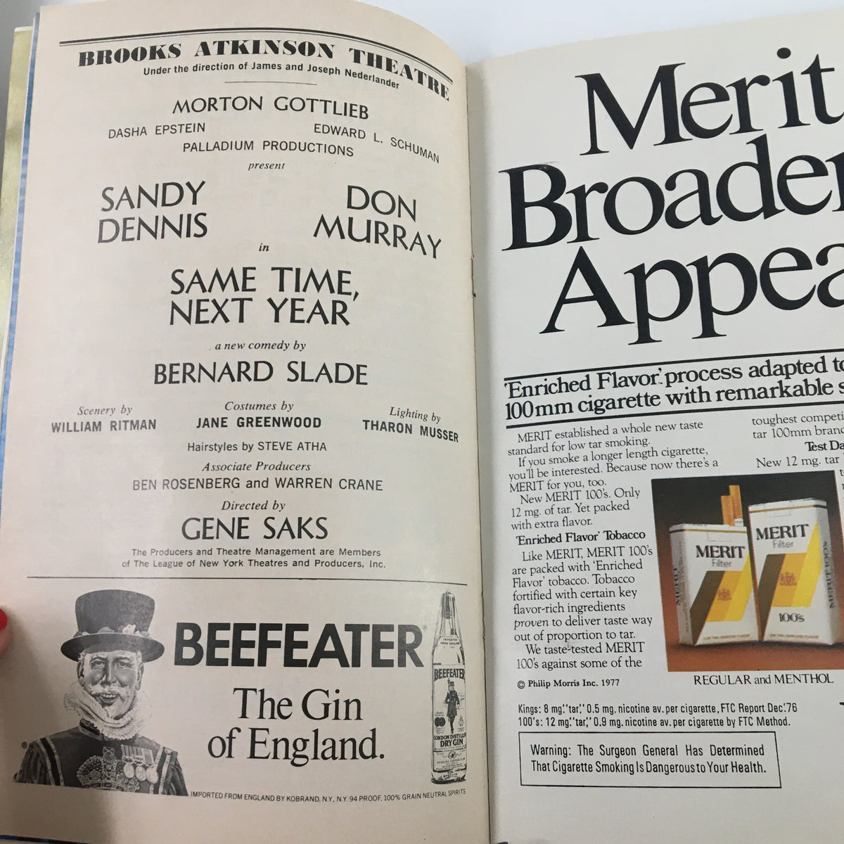 Another view of the 1977 Playbill for Same Time, Next Year, highlighting artists and sponsor advertisements, capturing the theatrical essence of the era.