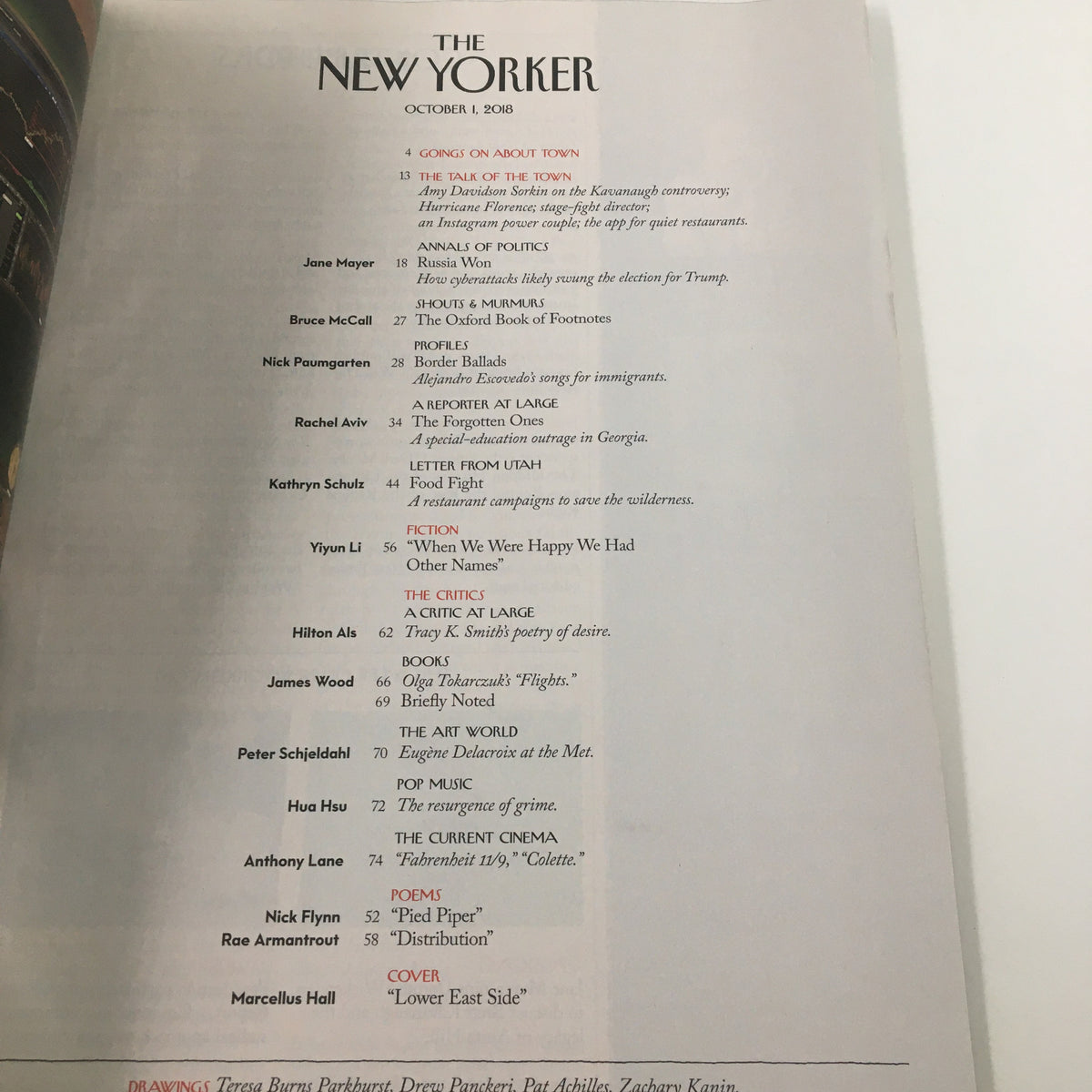 Table of contents page from The New Yorker Magazine, October 1, 2018, listing articles and contributors including Marcellus Hall, highlighting various compelling stories and features.