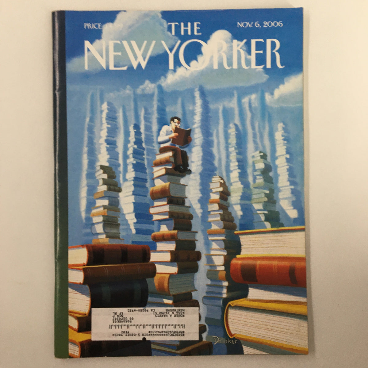 Cover of The New Yorker Magazine, November 6, 2006, featuring Bookopolis artwork by Eric Drooker, depicting a person reading atop tall stacks of books against a colorful backdrop.