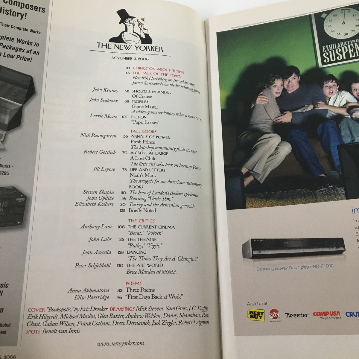 Inside page of The New Yorker Magazine, November 6, 2006 featuring the Bookopolis cover art by Eric Drooker. The page displays a contents list highlighting various articles and contributors, showcasing the magazine's blend of literature and culture.