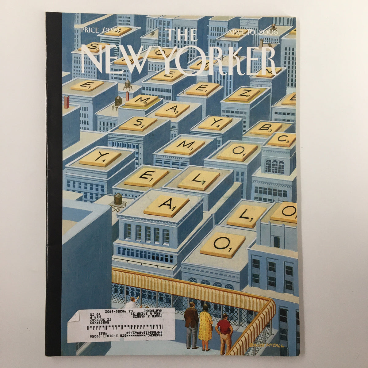Cover of The New Yorker Magazine from April 10, 2006 titled 'View from the Top' illustrated by Bruce McCall, showcasing a whimsical urban landscape with oversized letters and characters admiring the city.