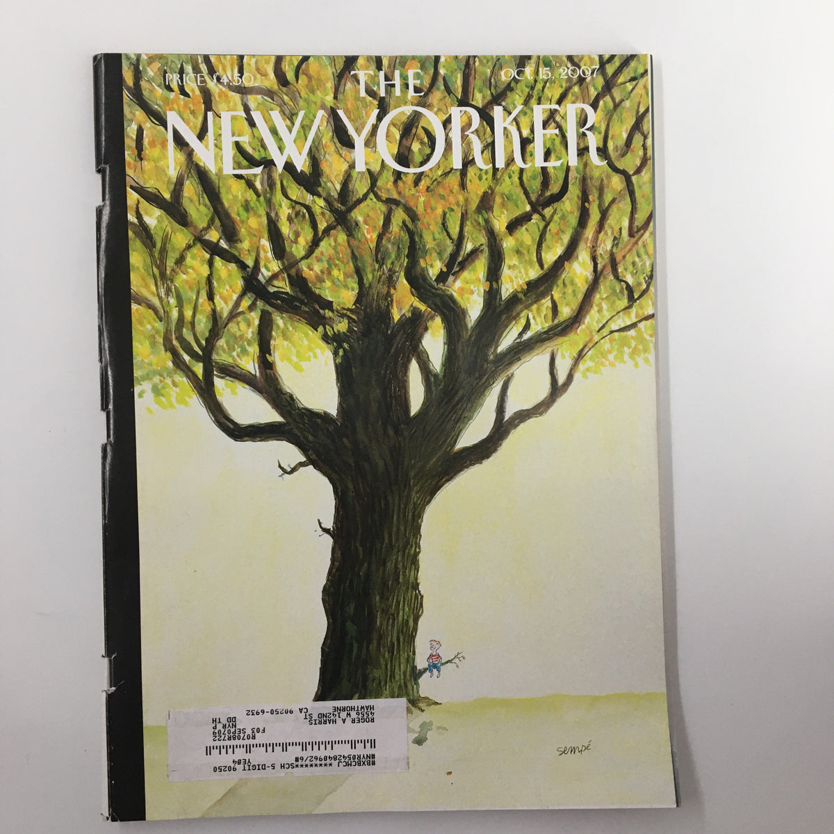 Cover art of The New Yorker Magazine from October 15, 2007, titled 'Higher Still' by Jean-Jacques Sempé, featuring a whimsical illustration of a large tree and a figure at its base.