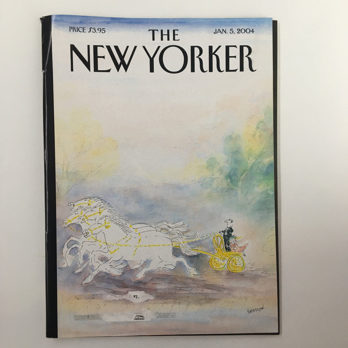Cover of The New Yorker magazine, January 5, 2004, featuring the artwork 'A Kind of Happiness' by Jean-Jacques Sempé, showcasing a whimsical illustration with horse-drawn carriage.