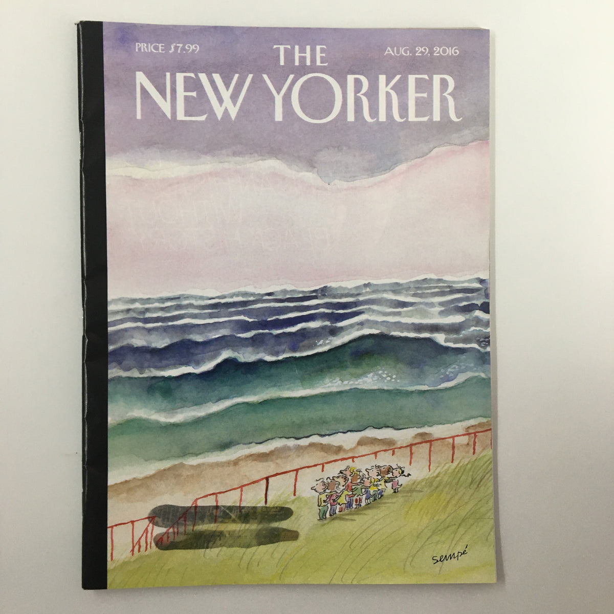 The New Yorker Magazine August 29 2016 Waves Cover by Jean-Jacques Sempé featuring an artistic depiction of ocean waves against a pastel sky.