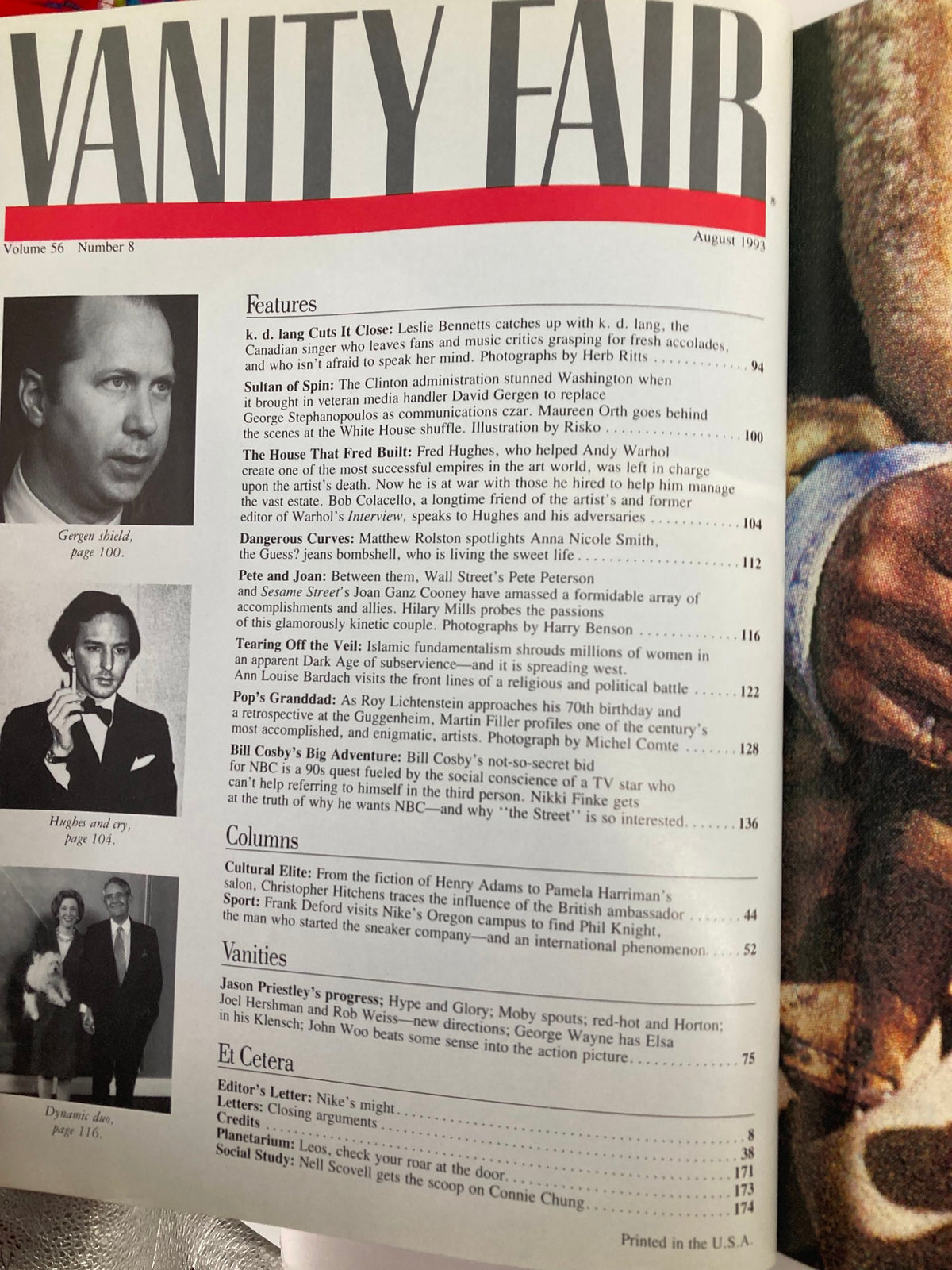 Table of contents from Vanity Fair Magazine August 1993 featuring Leslie Bennetts and K. D. Lang, highlighting key articles and sections such as features, columns, and cultural commentary from the early 90s.