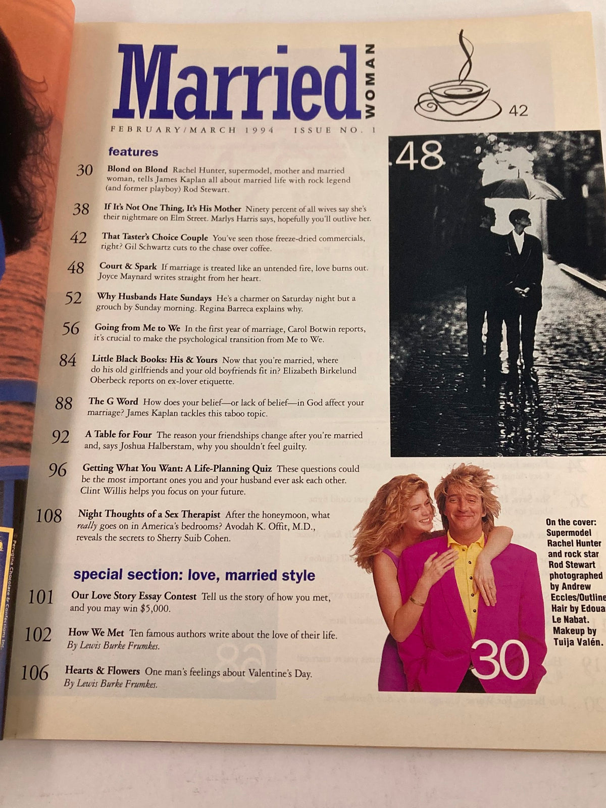 Inside page of Married Woman Magazine February 1994 displaying a contents section with features including Rachel Hunter's interview and discussions on marriage and relationships.