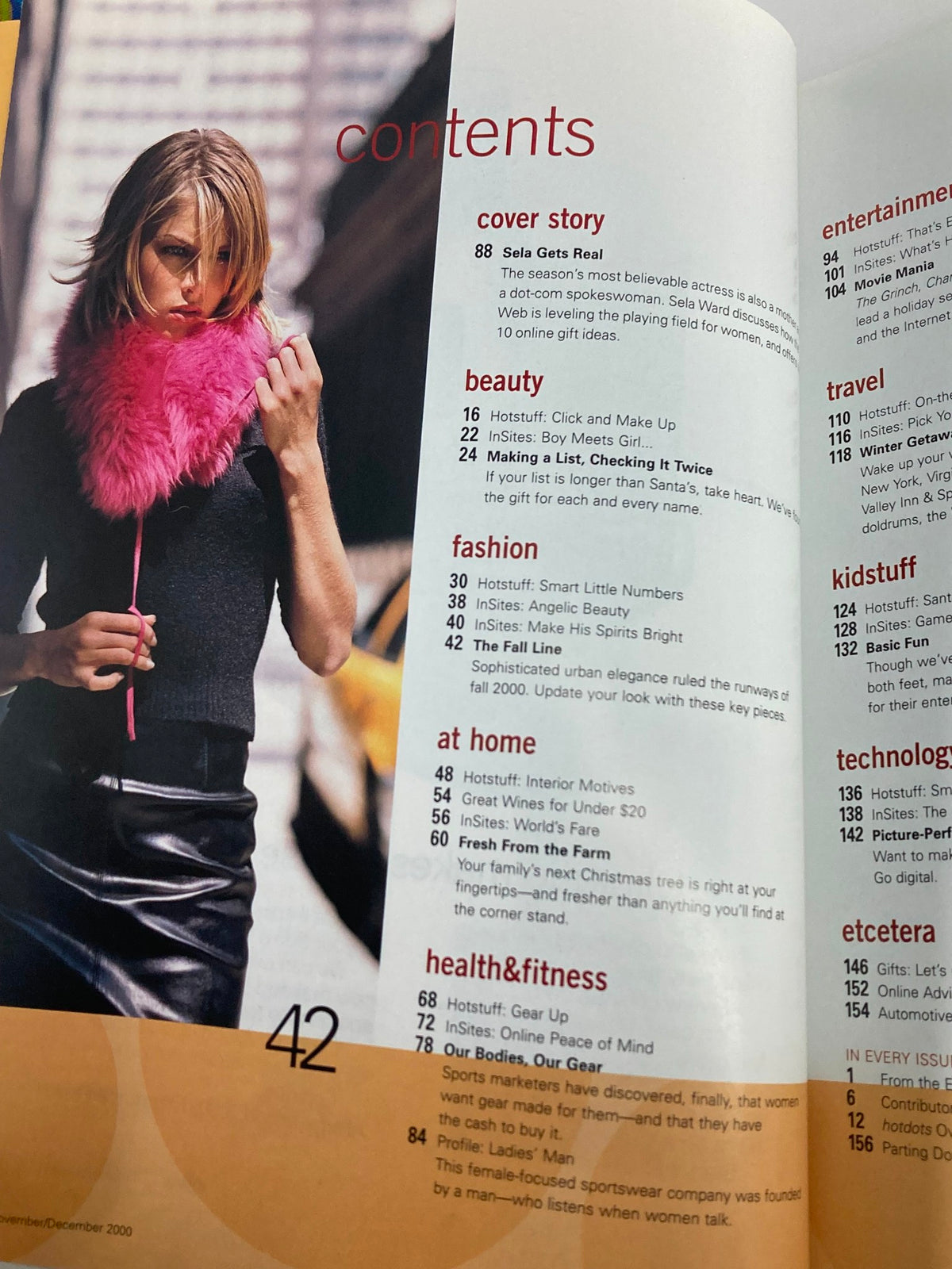 Contents page from Hotdots Magazine November 2000 showcasing features on beauty, fashion, and health.