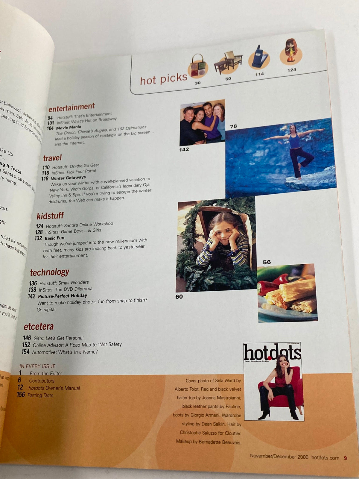 Hot Picks page from Hotdots Magazine November 2000 highlighting entertainment, travel, and technology recommendations.