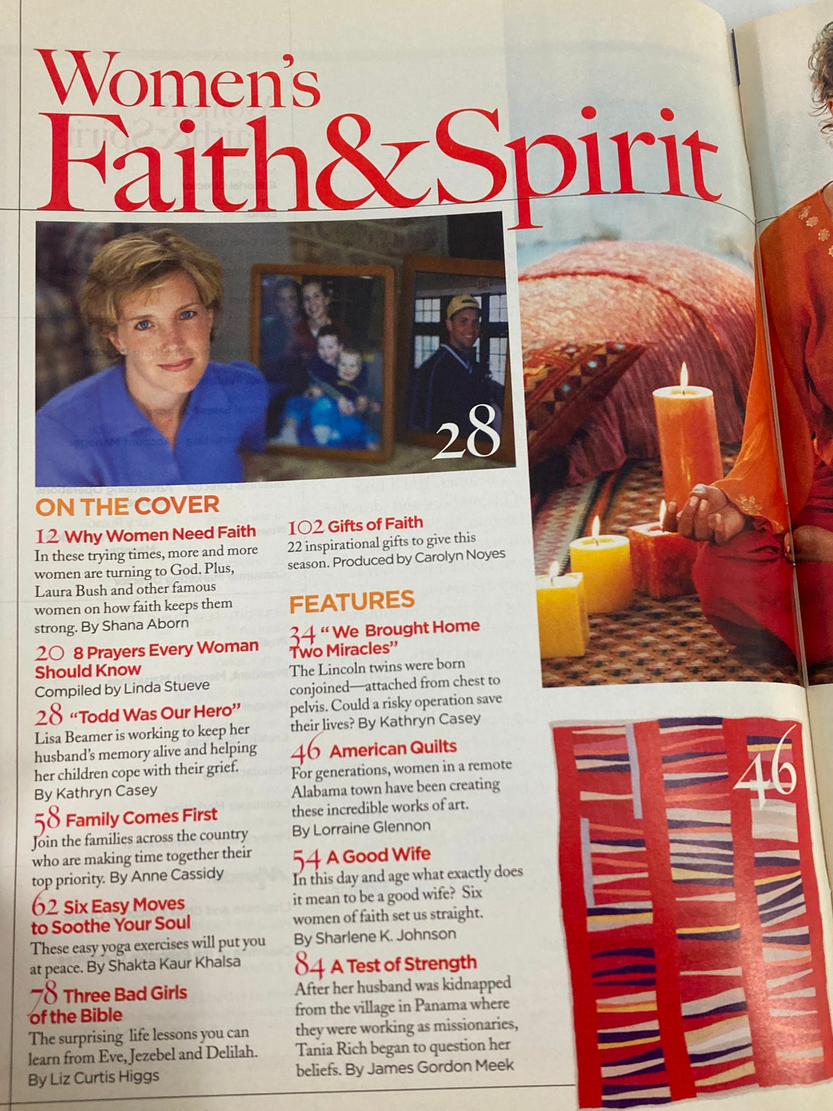 Inside page of Women's Faith & Spirit magazine showcasing various articles including '22 Gifts of Faith' and 'We Brought Home Two Miracles.' The layout features a mix of text and images, highlighting themes of faith and personal growth.