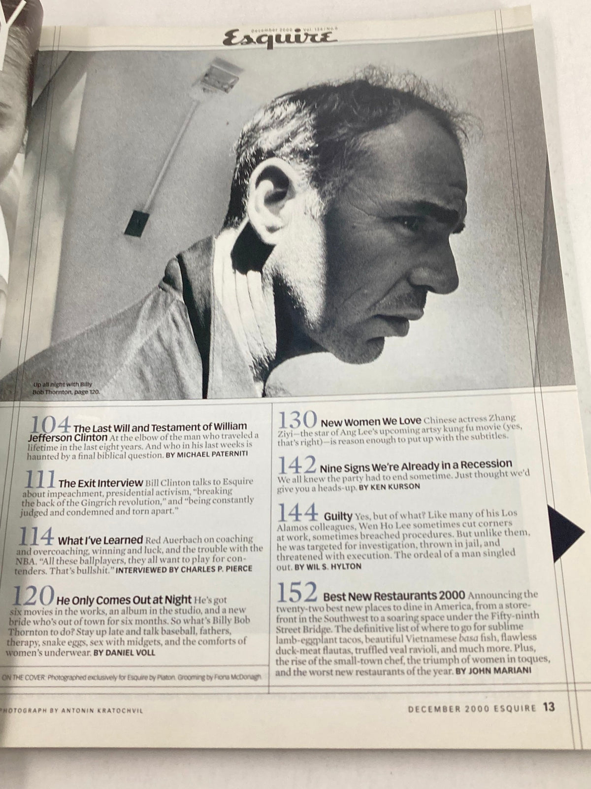 Interior page from Esquire Magazine December 2000 showing magazine layout with article titles, including reference to Bill Clinton, reflecting the magazine's vintage design and content.