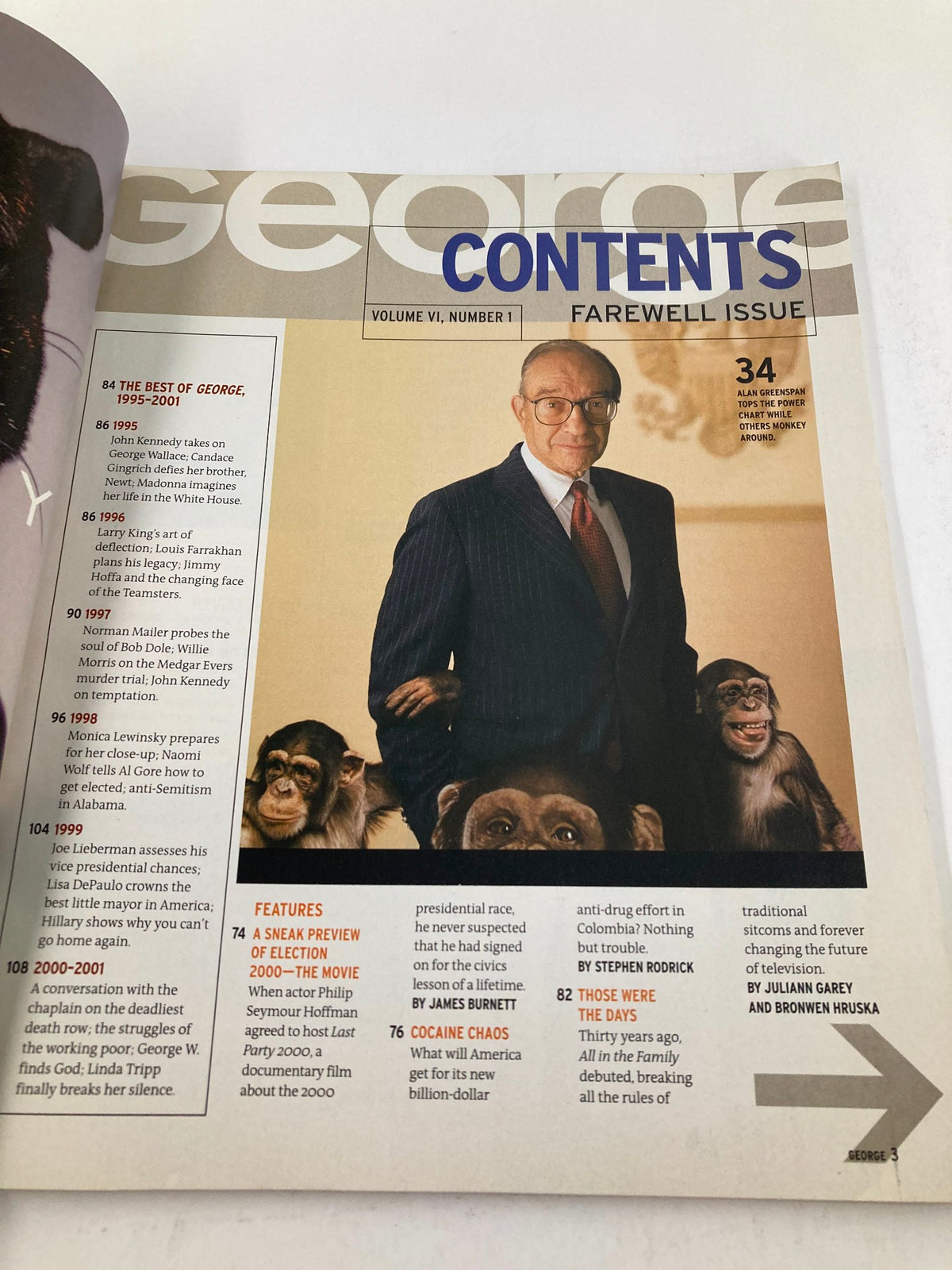 Contents page of George Magazine 2001 Vol 6 #1, detailing articles and features, including a notable introduction by a prominent figure alongside thematic imagery.