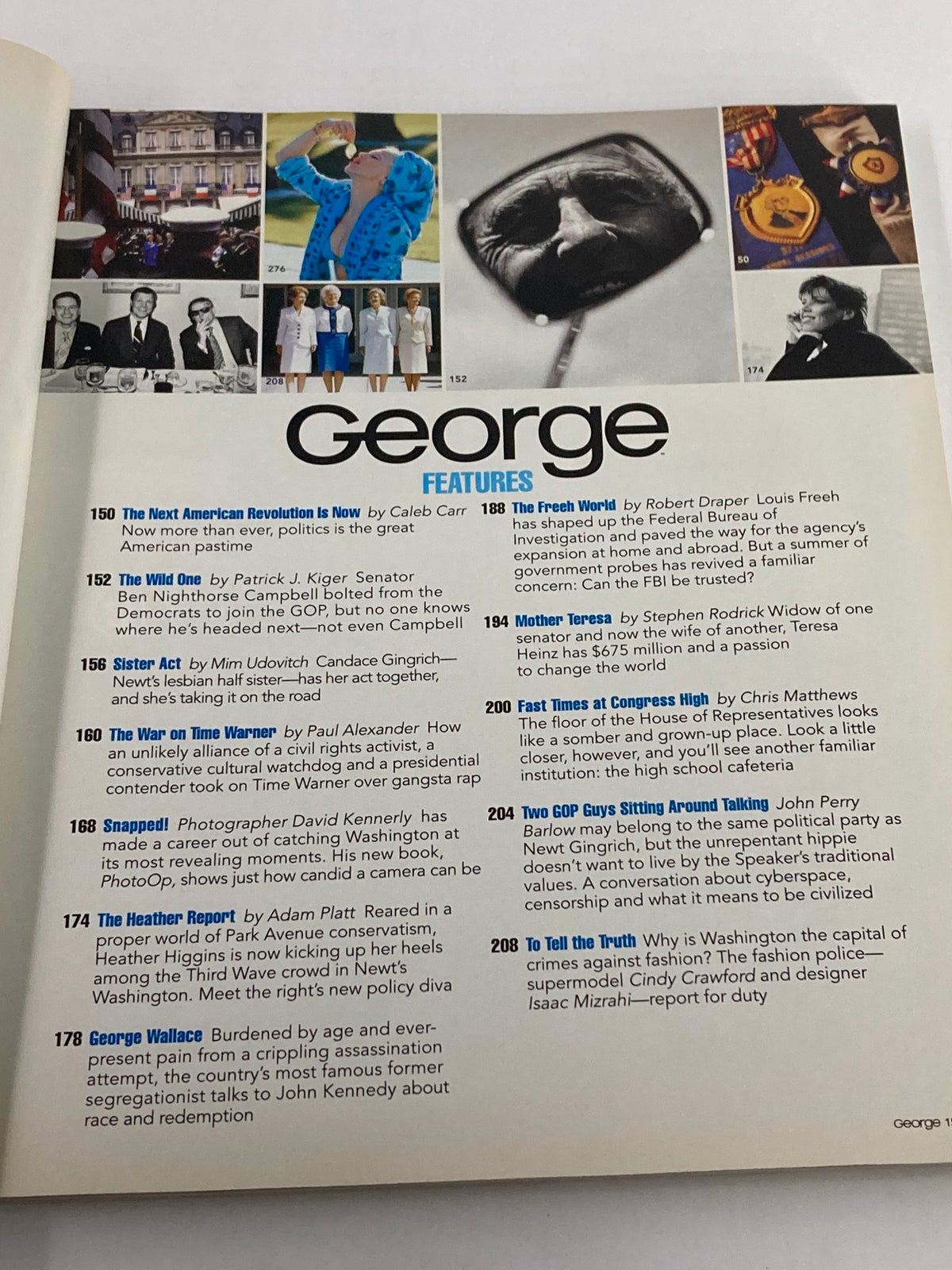 Interior page of George Magazine October 1995 showcasing articles and features, including topics like American politics, fashion, and culture, featuring supermodel Cindy Crawford and John Kennedy Jr.