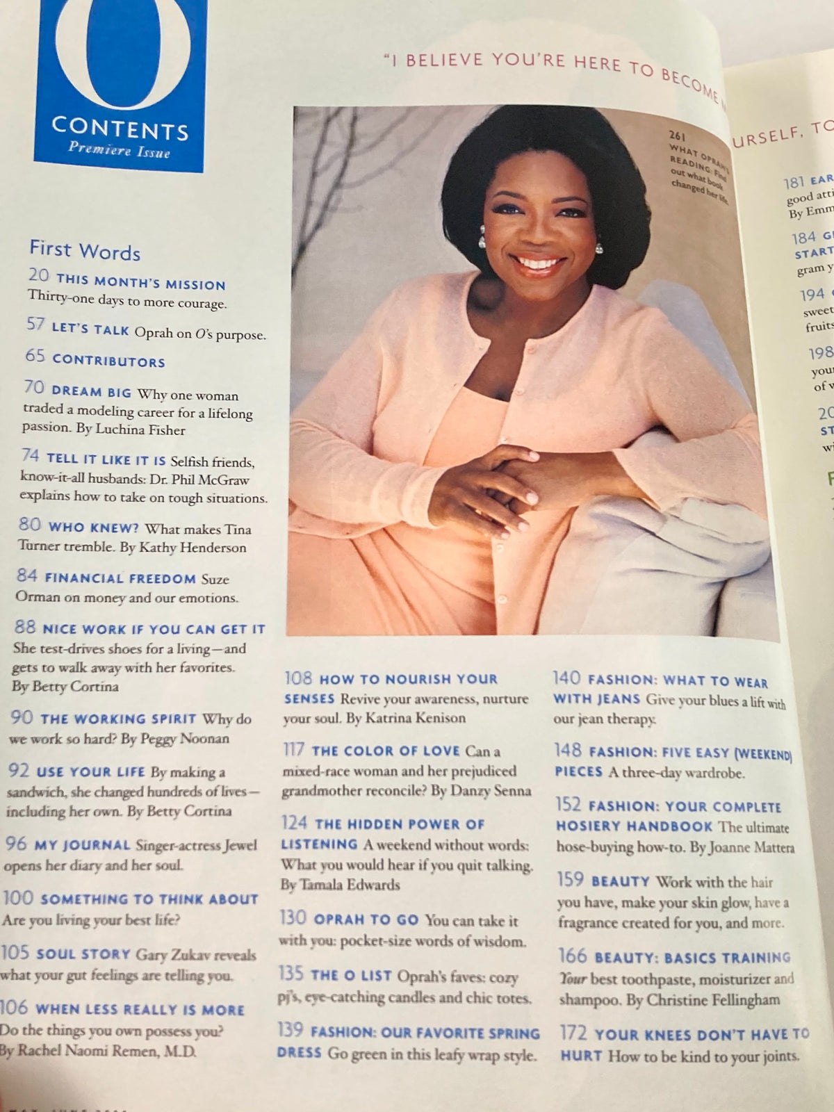 Contents page of The Oprah Magazine May 2000 premier issue, showcasing features on personal development, wellness, and style tips.