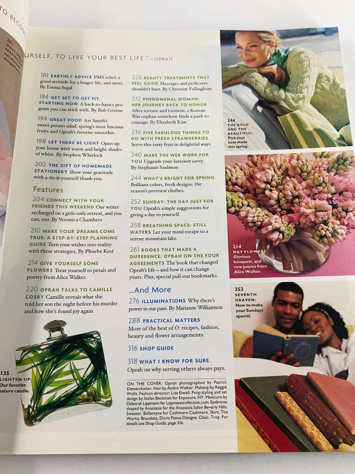 Interior pages of The Oprah Magazine May 2000 featuring content highlights including personal empowerment tips and lifestyle advice, reflecting the premier issue's cultural significance.