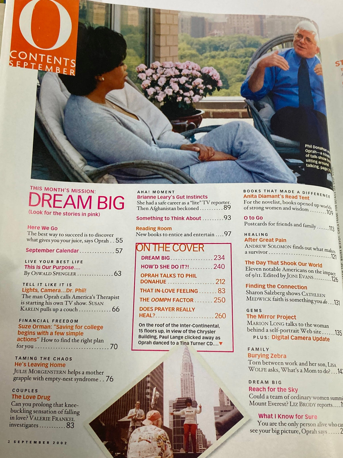 The Oprah Magazine September 2002 featuring a cover story titled 'Dream Big'. The image showcases Oprah Winfrey in an interview setting, emphasizing themes of personal growth and mentorship alongside Phil Donahue.
