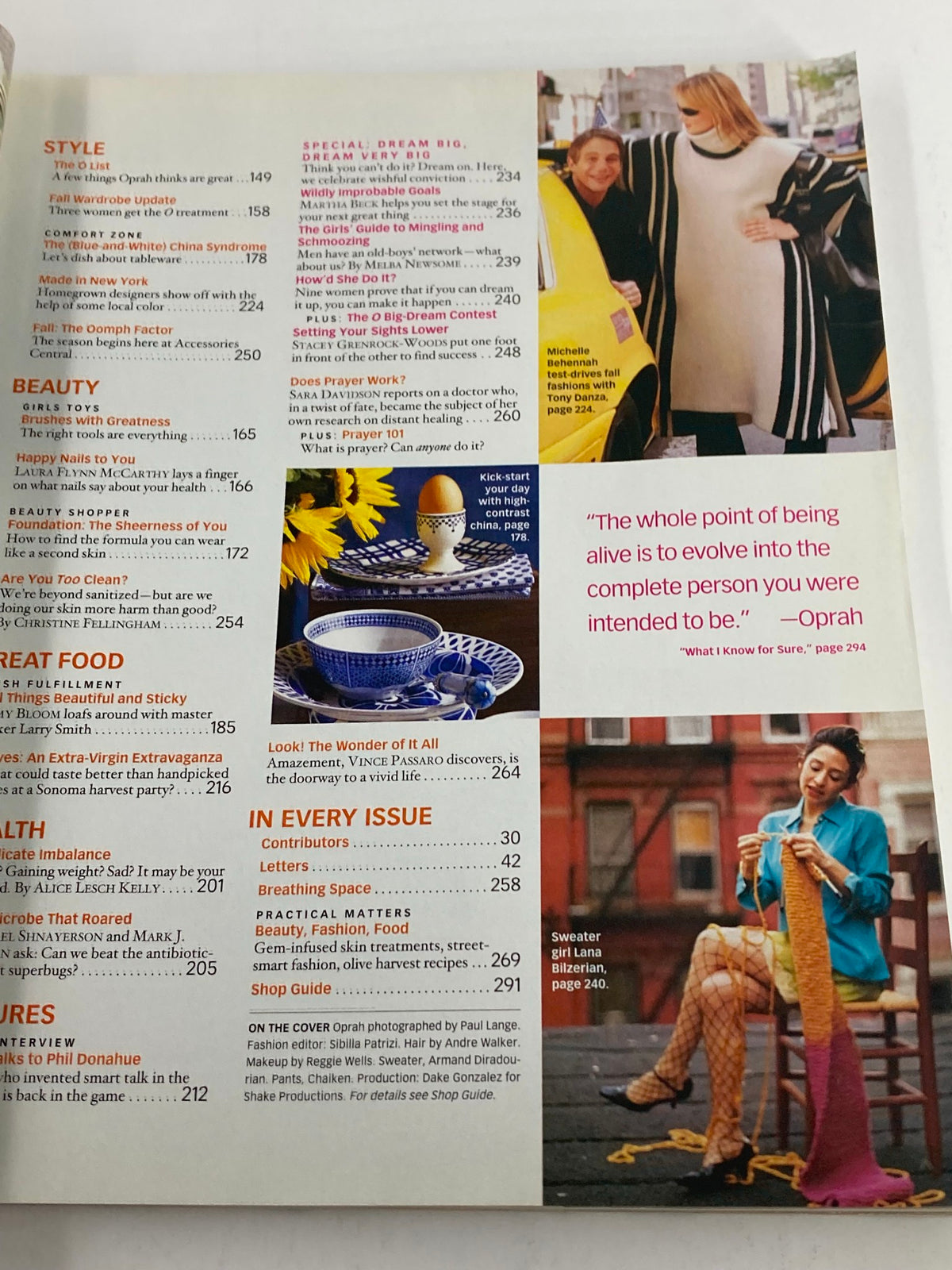 An interior page of The Oprah Magazine September 2002 displaying styled content on beauty and lifestyle, including quotes from Oprah and articles about embracing one's true self, reflecting the magazine's focus on empowerment and personal development.