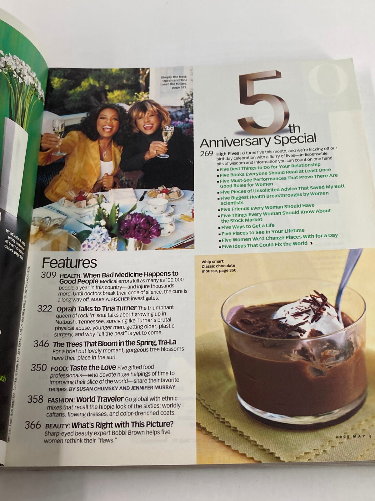 Features page from The Oprah Magazine May 2005 displaying Oprah Winfrey and Tina Turner together, alongside a dessert, celebrating the magazine's 5th anniversary special.