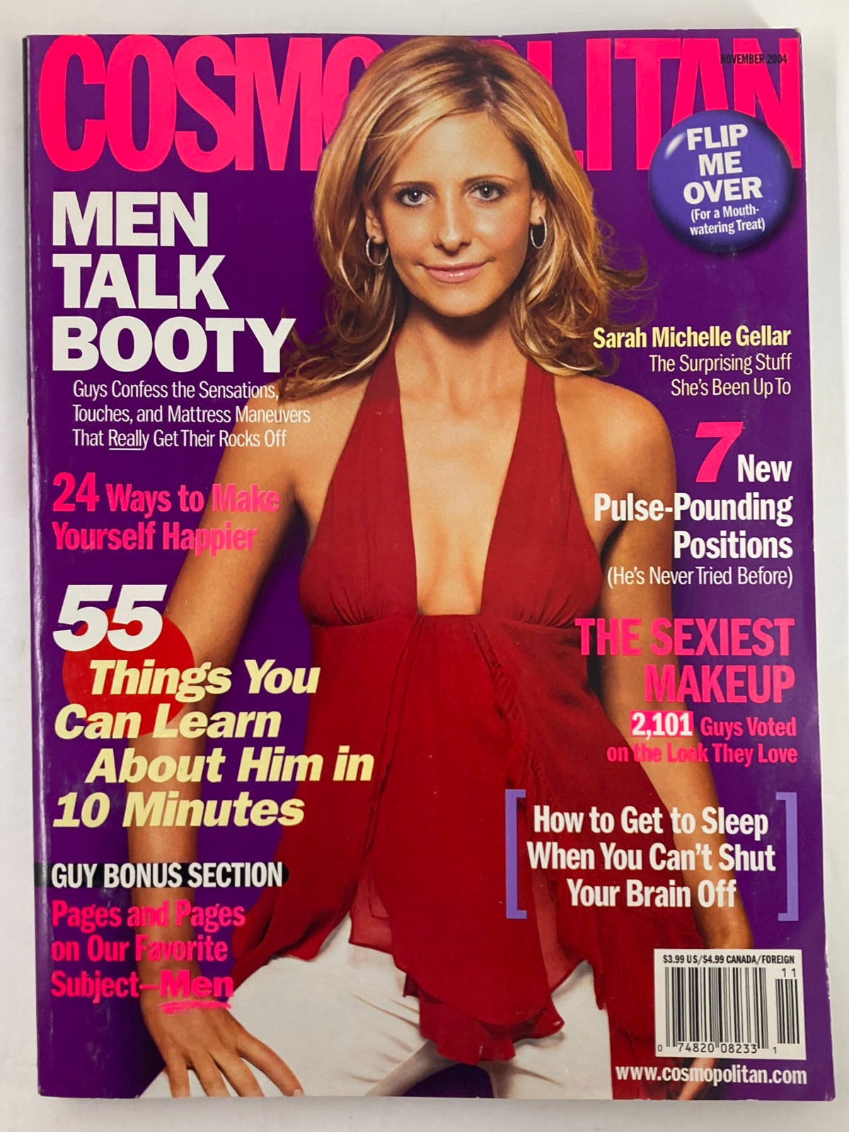 Cover of Cosmopolitan Magazine November 2004 featuring Sarah Michelle Gellar, highlighting articles on beauty, relationship advice, and lifestyle tips from the early 2000s.