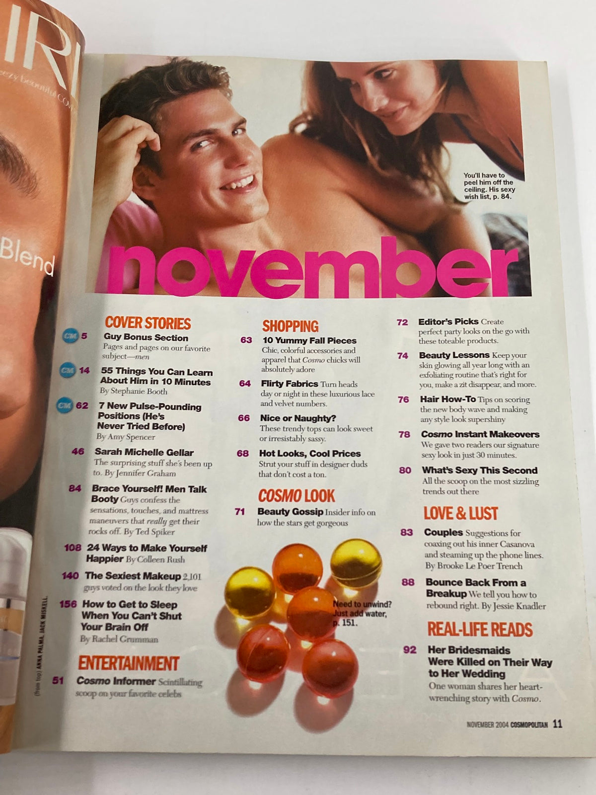 Interior page of Cosmopolitan Magazine November 2004 showcasing a shopping guide for fall pieces and various engaging articles, emphasizing the cultural trends of the era.