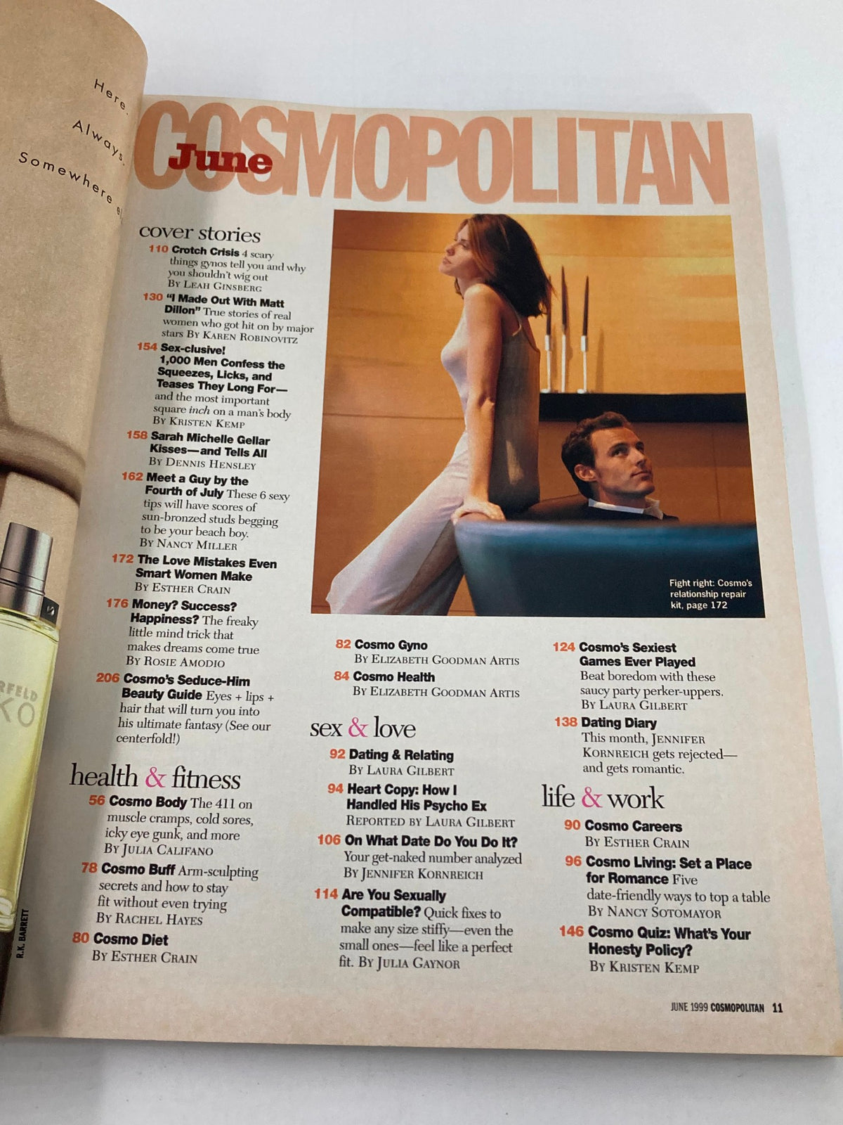 Inside page of Cosmopolitan Magazine June 1999 highlighting various cover stories including 'Sex-clusive!' and 'Sarah Michelle Gellar Kisses & Tells All'. The layout features a stylish design reflecting the magazine's vintage appeal.