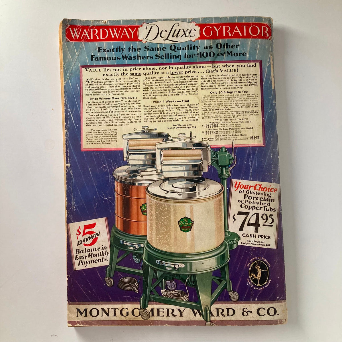 Spring & Summer 1931 Montgomery Ward & Co. Catalogue No. 114 Portland displaying the Wardway Deluxe Gyrator washing machine with pricing and payment options.