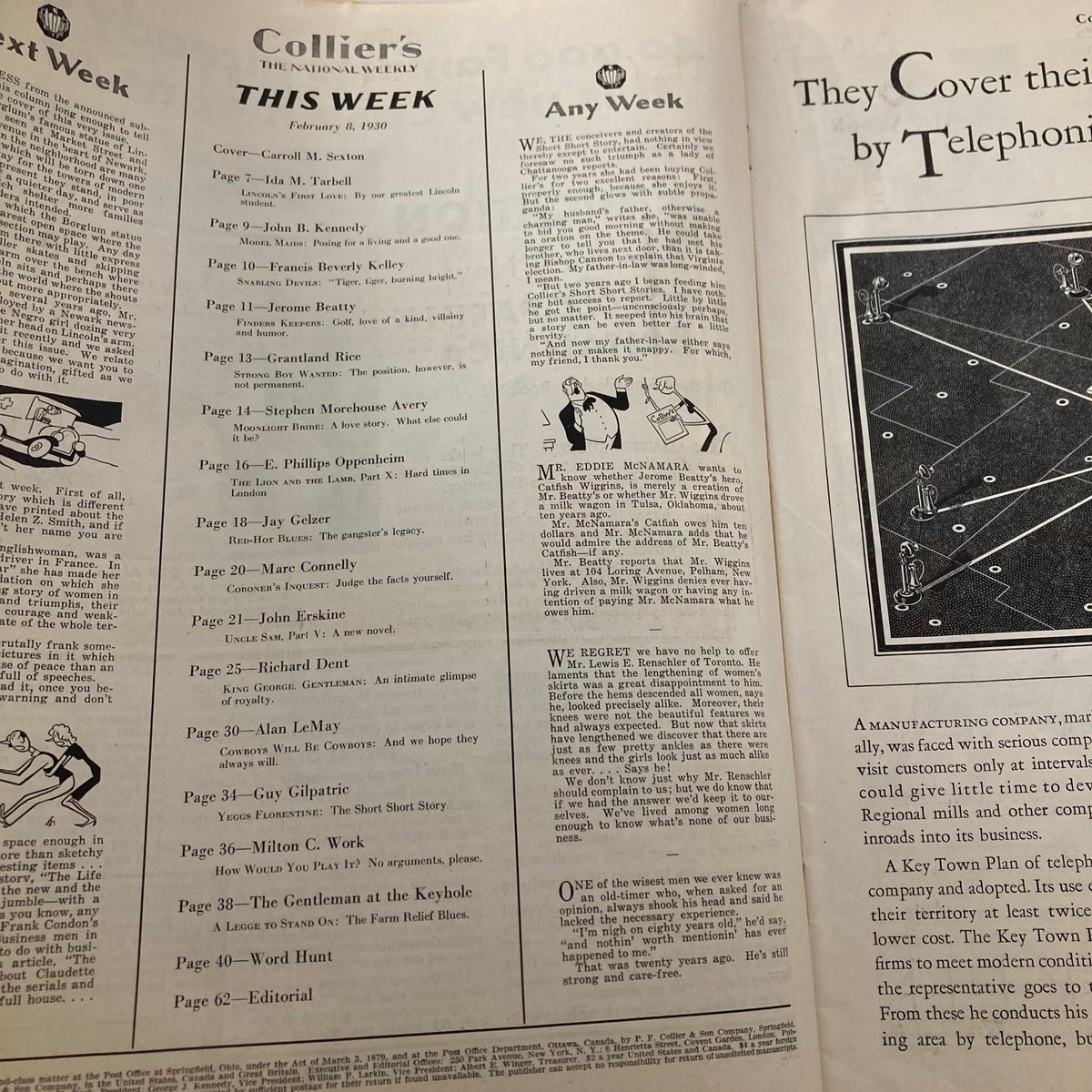 Table of contents page from VTG Collier's Magazine February 8 1930, detailing articles including works by notable writers like Ida M. Tarbell.