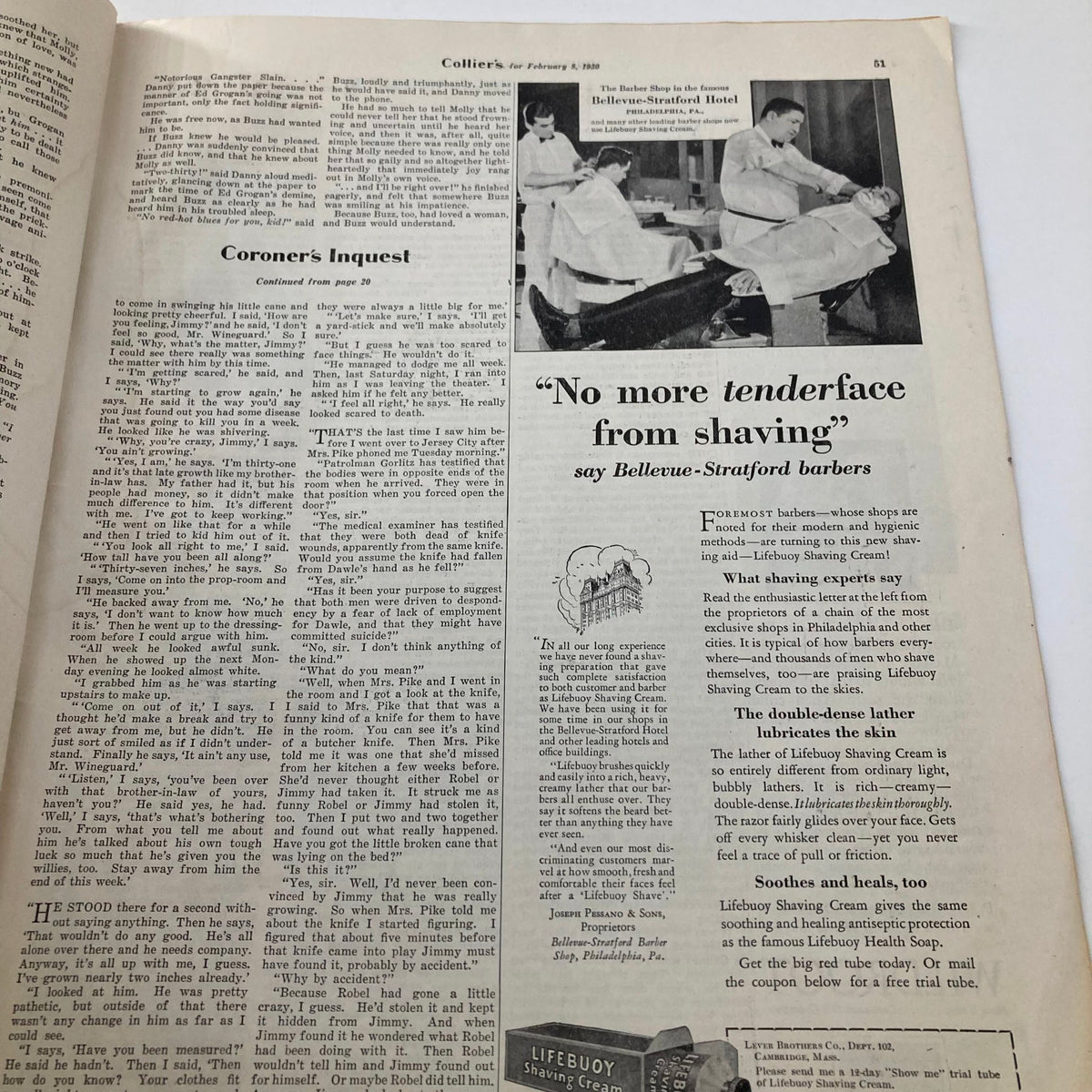 VTG Collier's Magazine February 8 1930 page featuring a narrative segment with barbers from Bellevue-Stratford Hotel promoting Lifebuoy Shaving Cream.
