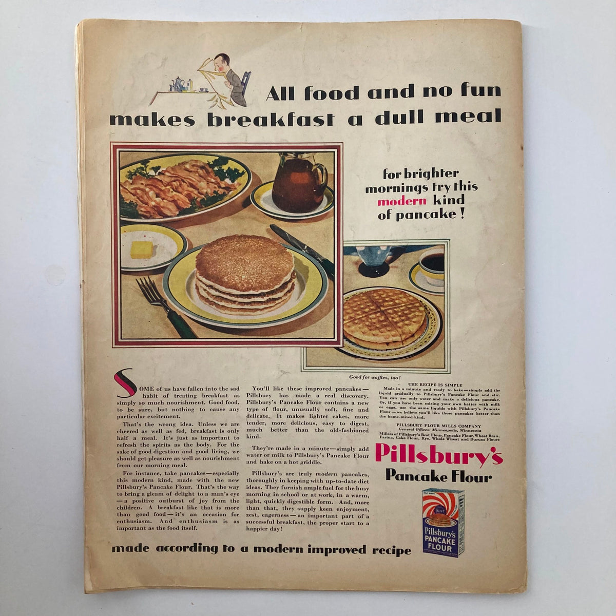 VTG Collier's Magazine February 8 1930 advertisement for Pillsbury's Pancake Flour, featuring breakfast dishes to encourage fun and nutritious meals.