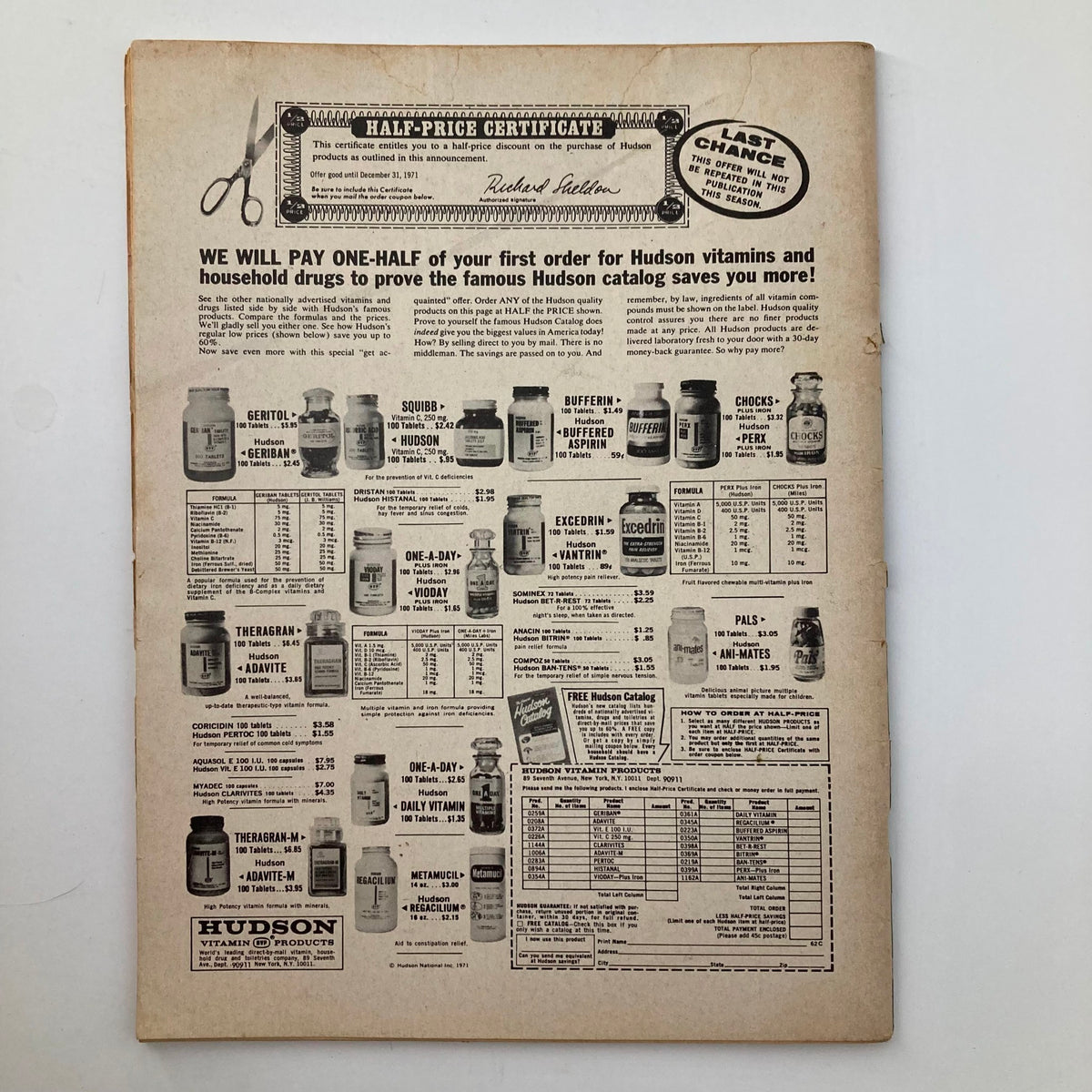 Back cover of the VTG Women's Circle Magazine December 1971 showing advertisements for Hudson vitamin products and a half-price certificate, offering a glimpse into 1970s marketing and health trends.