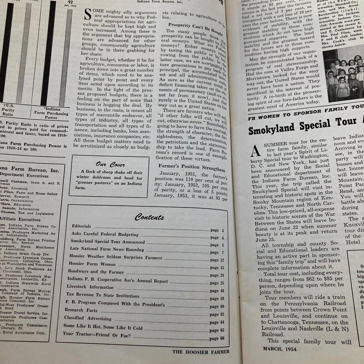 Interior pages of The Hoosier Farmer Magazine March 1954, including editorials and contents, reflecting agricultural insights and community life of the era.