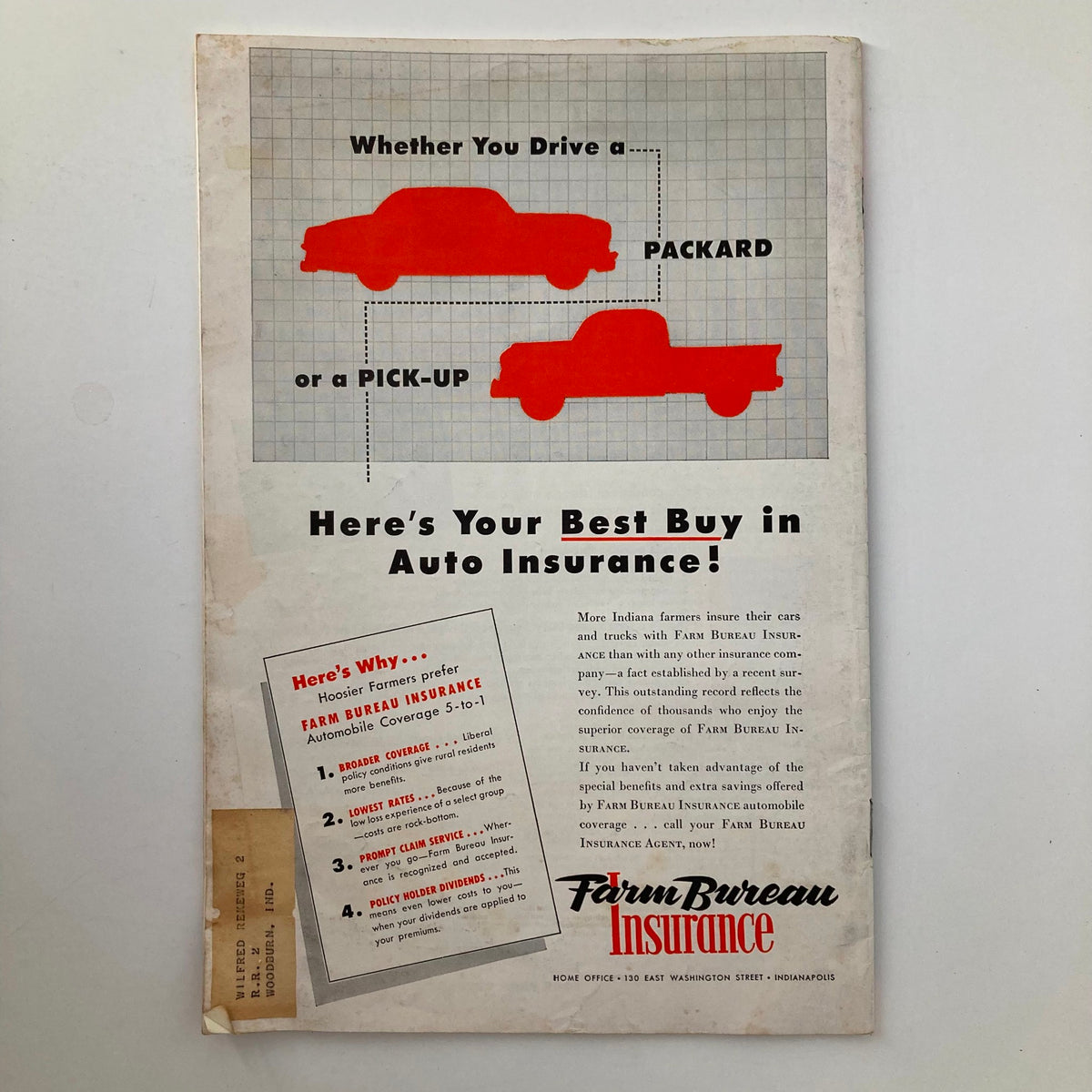 Back cover of VTG The Hoosier Farmer Magazine October 1954, featuring an advertisement for Farm Bureau Insurance, appealing to Indiana farmers.