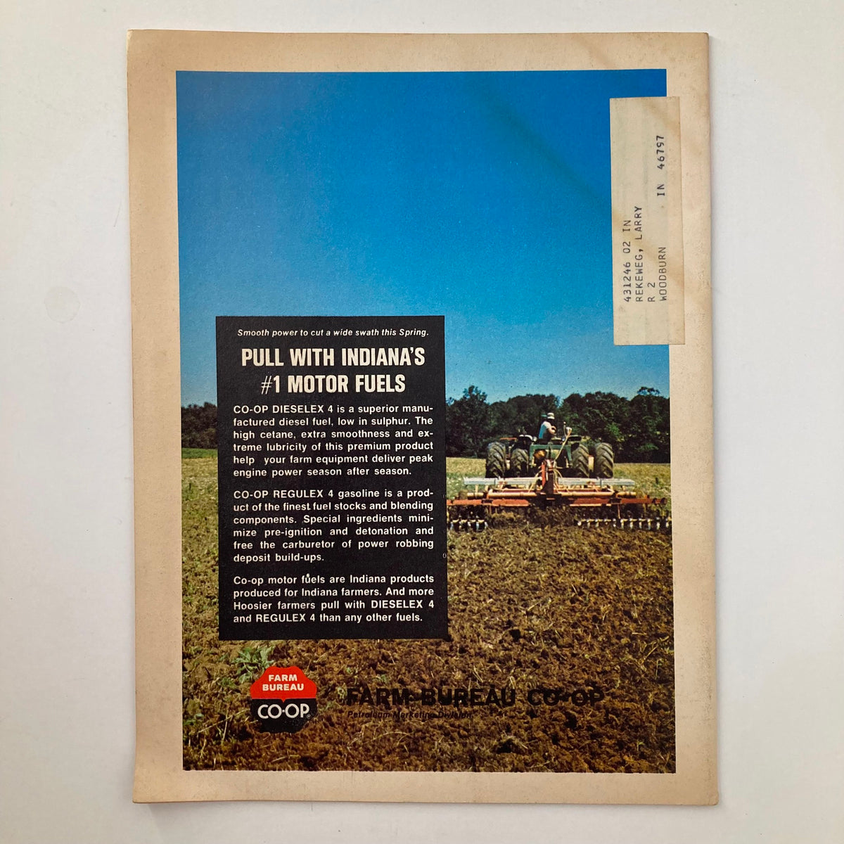 Back cover of VTG The Hoosier Farmer Magazine April 1977, featuring an advertisement for Co-Op Diesel and gasoline products for farmers, emphasizing Indiana's agricultural tools and fuel.
