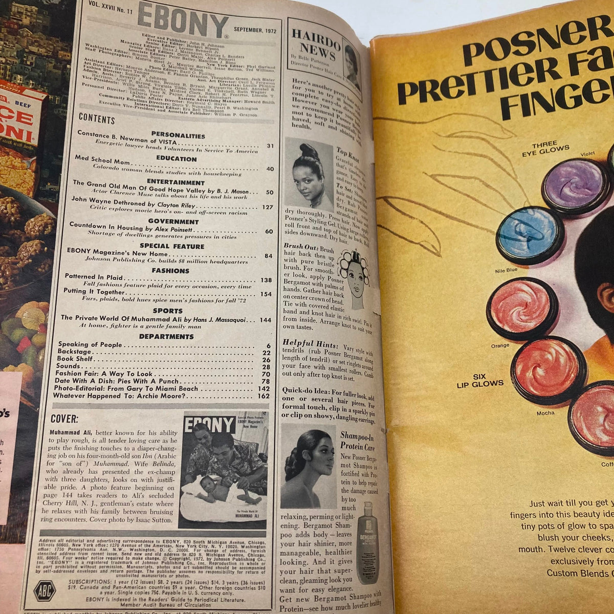 Interior page of VTG Ebony Magazine September 1972 displaying the table of contents, including articles related to entertainment, education, and the special feature about Muhammad Ali.