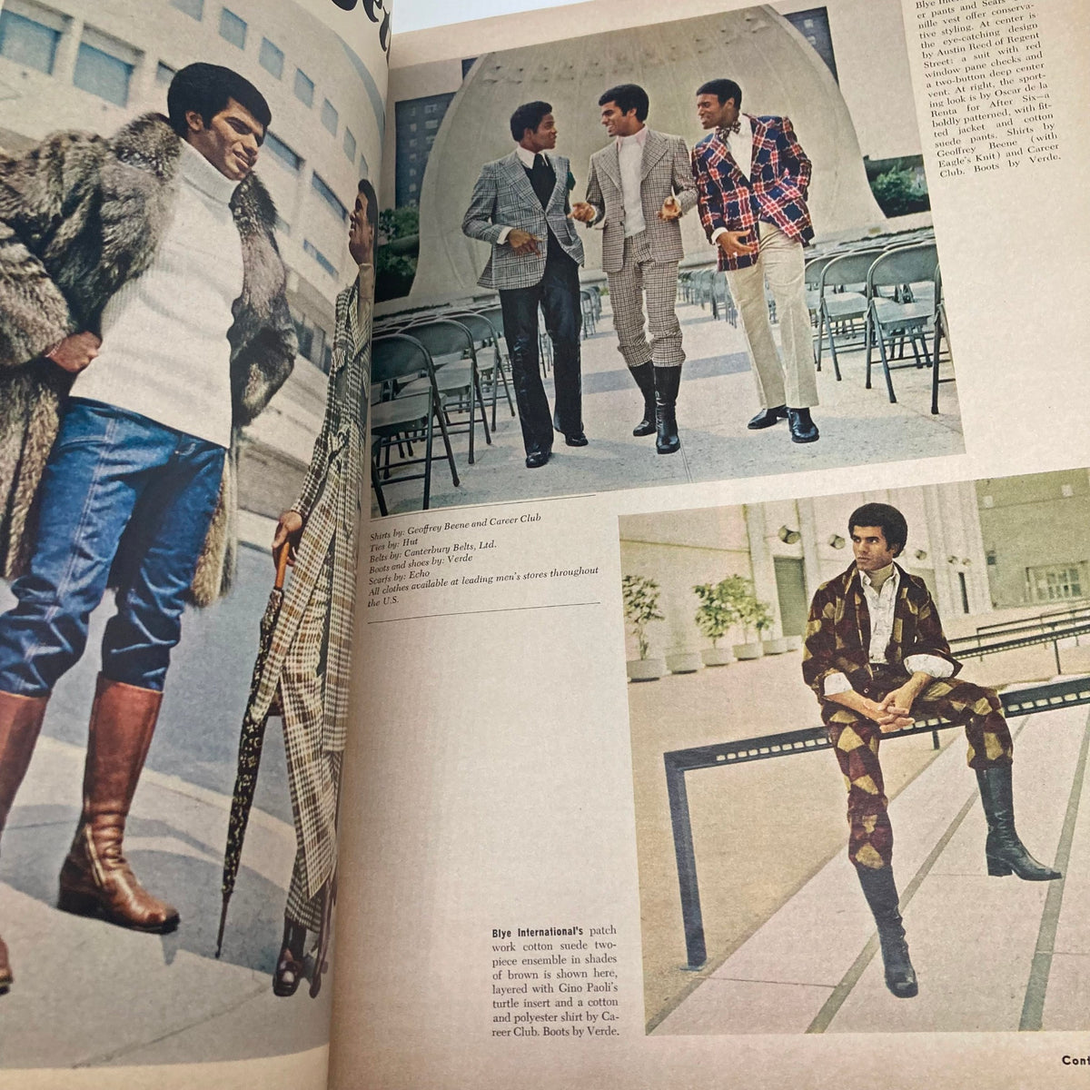 Fashion spread from VTG Ebony Magazine September 1972 showing three well-dressed men conversing outdoors, highlighting the fashion trends of that era.