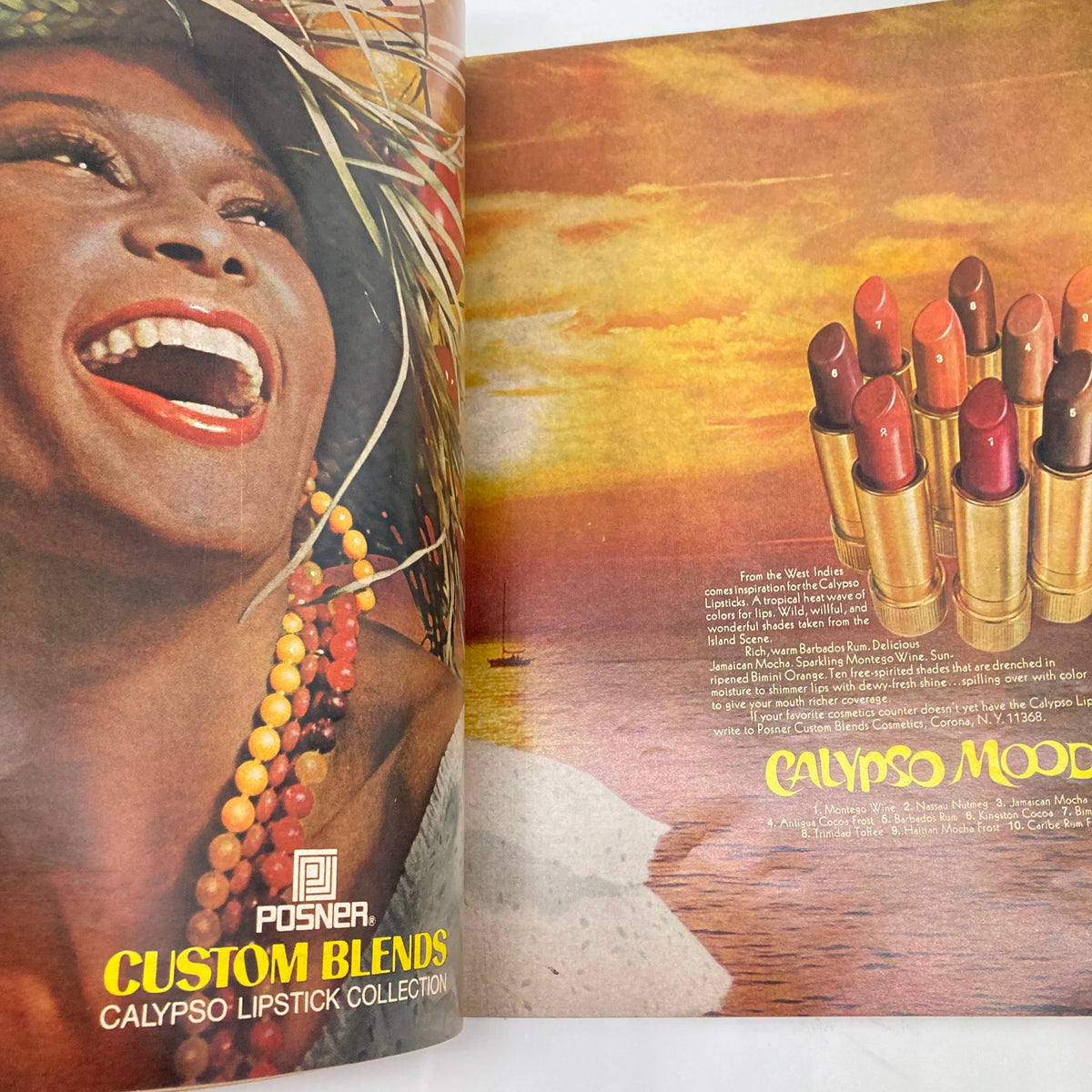 Advertisement from VTG Ebony Magazine September 1972 for Posner Custom Blends Calypso Lipstick Collection, featuring a joyful woman against a sunset backdrop.