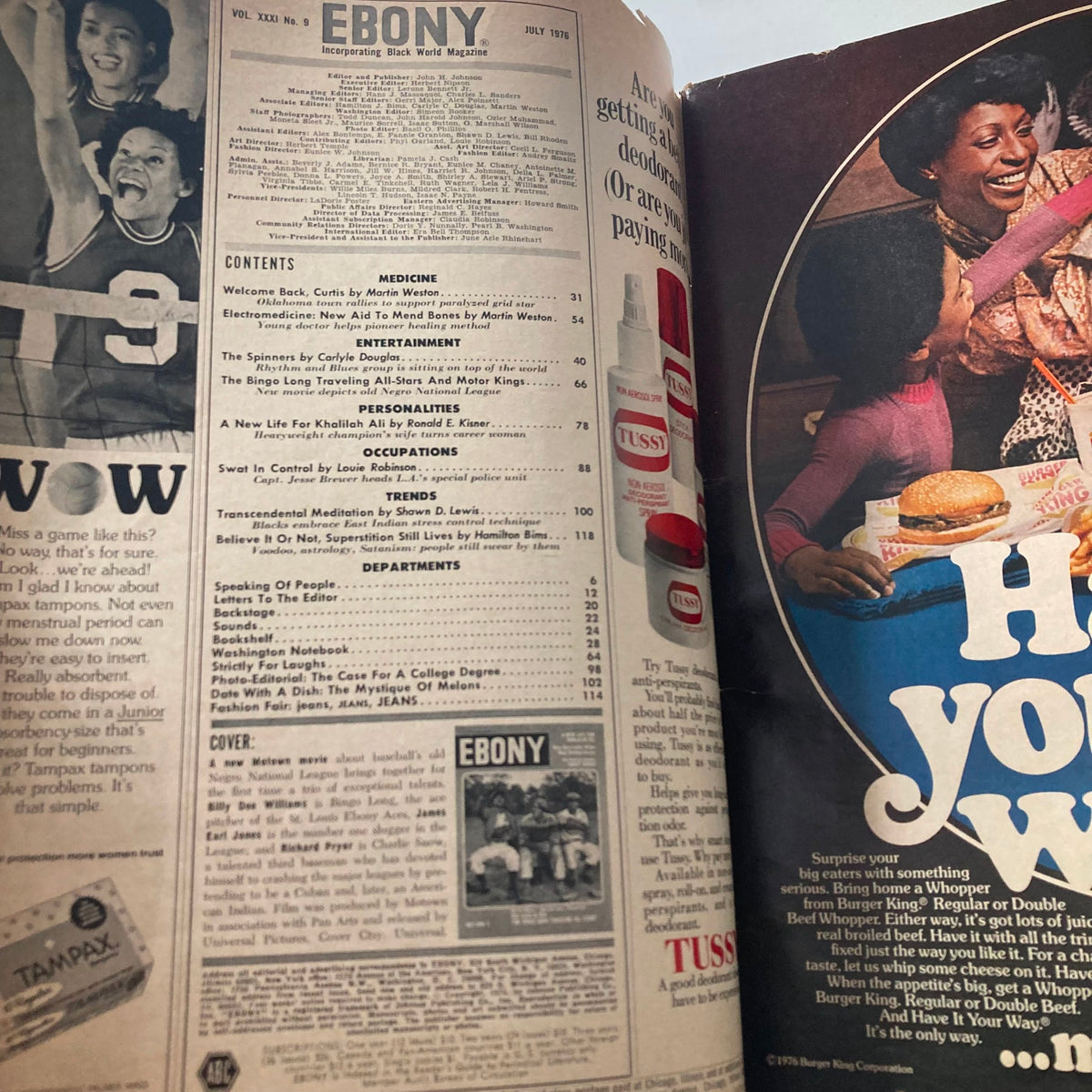 Contents page of VTG Ebony Magazine July 1976 outlining articles including 'A New Life for Khalilah Ali' and 'The Bingo Long Traveling All-Stars', with vintage advertisements.