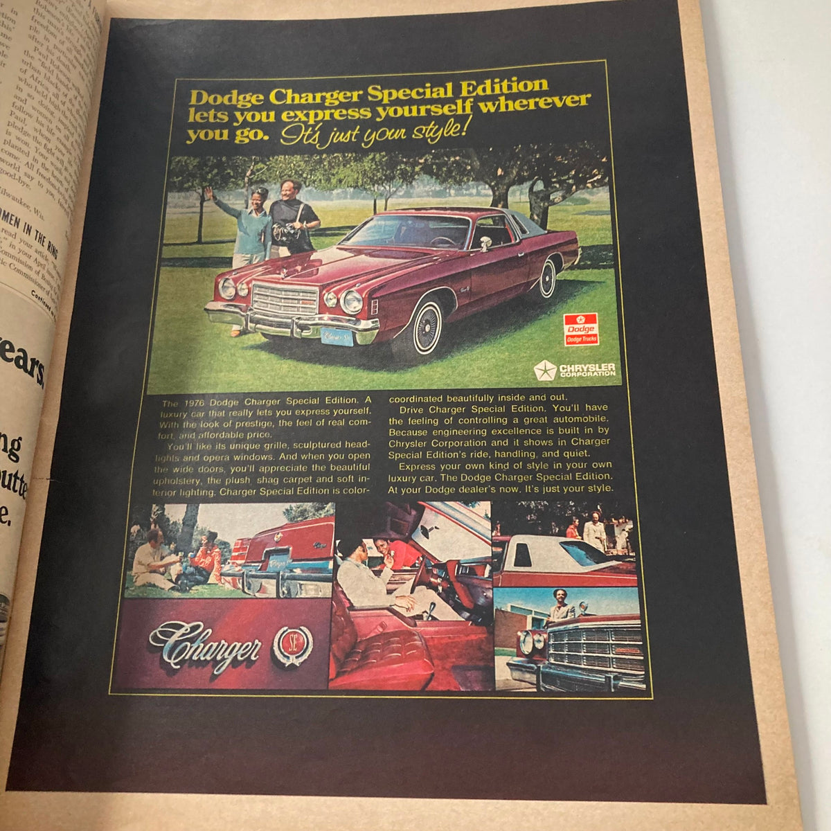 1976 advertisement for the Dodge Charger Special Edition showcasing the luxury car with vibrant colors. VTG Ebony Magazine July 1976 Billy Dee Williams, James Earl Jones GD Interior.