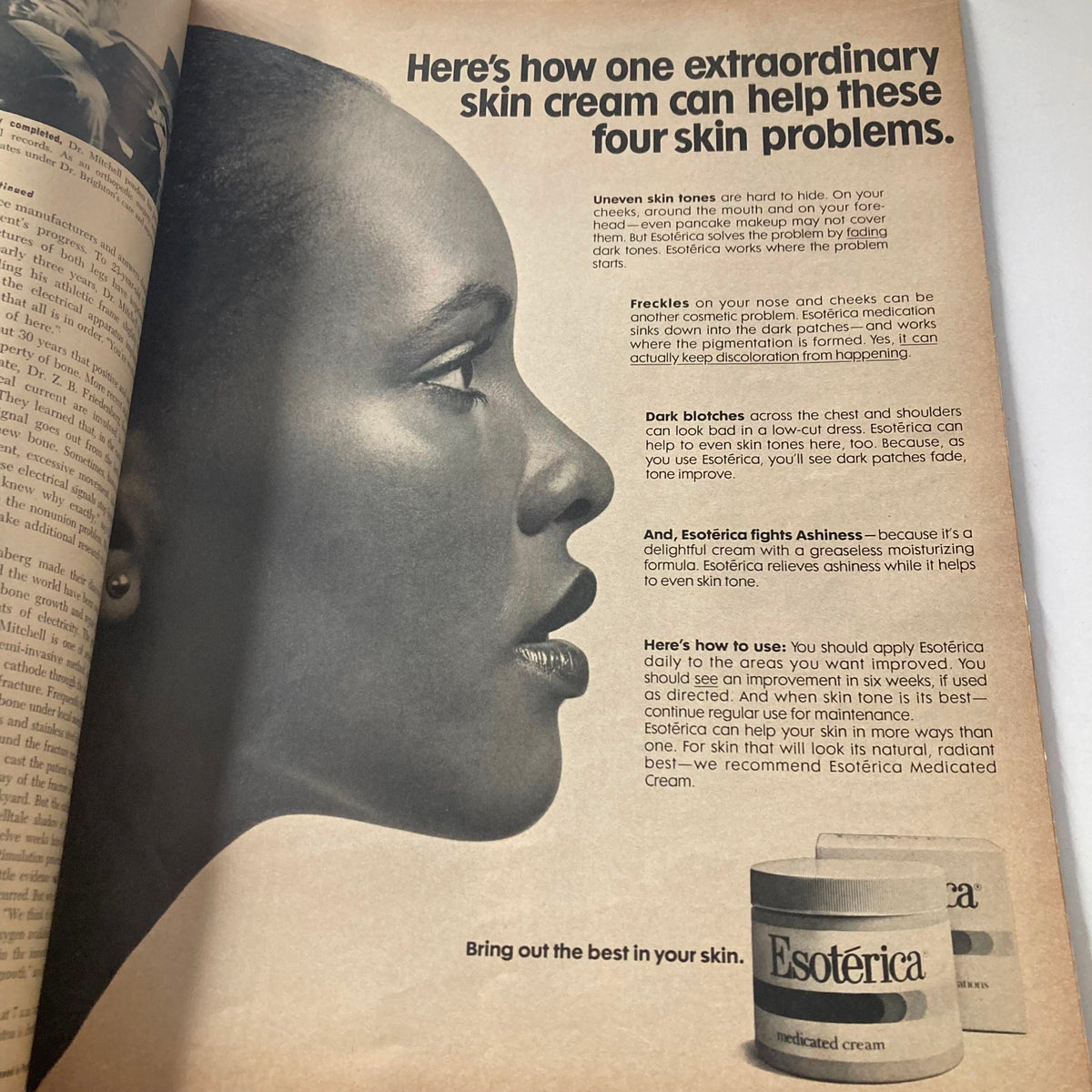 A stylish profile shot of a woman promoting Esoterica skin cream, emphasizing skincare benefits. VTG Ebony Magazine July 1976 Billy Dee Williams, James Earl Jones GD Interior.