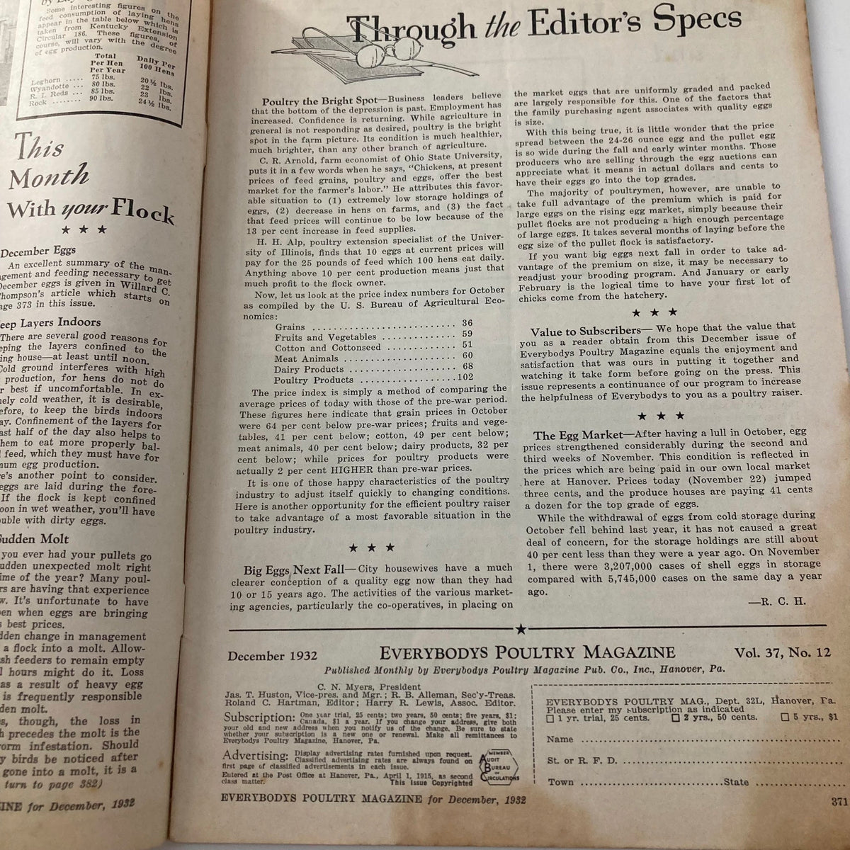 Interior page of Everybodys Poultry Magazine December 1932, featuring editorial content about poultry farming, including tips on egg production and market insights.