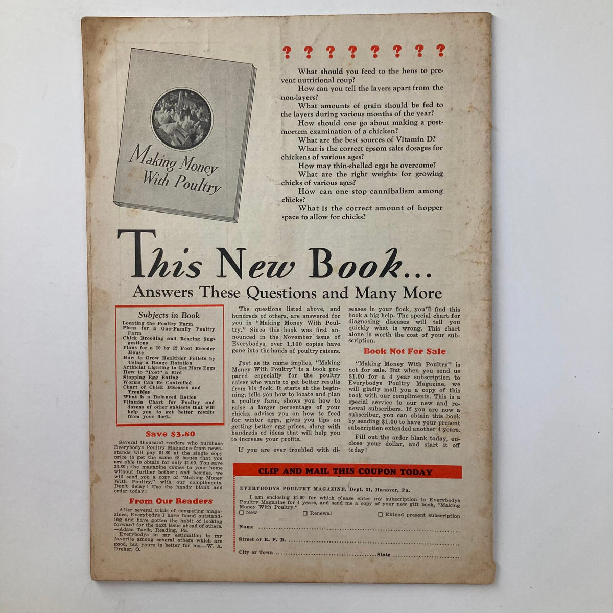 Advertisement page in Everybodys Poultry Magazine December 1932, promoting a book titled 'Making Money With Poultry' and addressing common poultry farming questions.