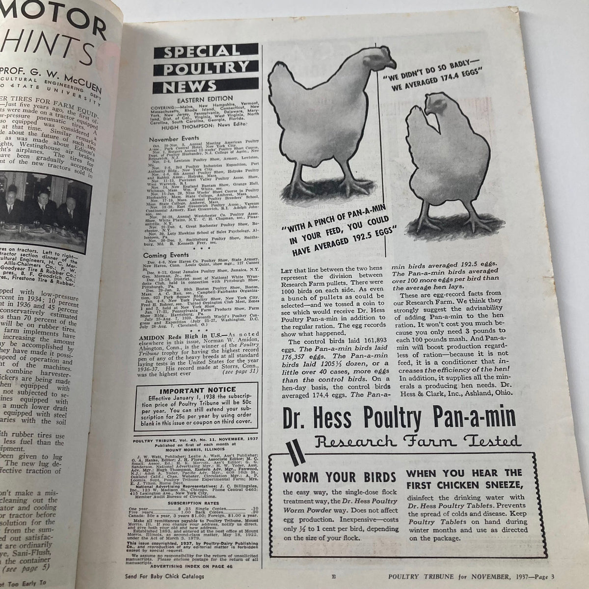 Interior page of the Poultry Tribune Magazine November 1937 featuring Dr. Hess Poultry Pan-a-Min advertisement and poultry news.