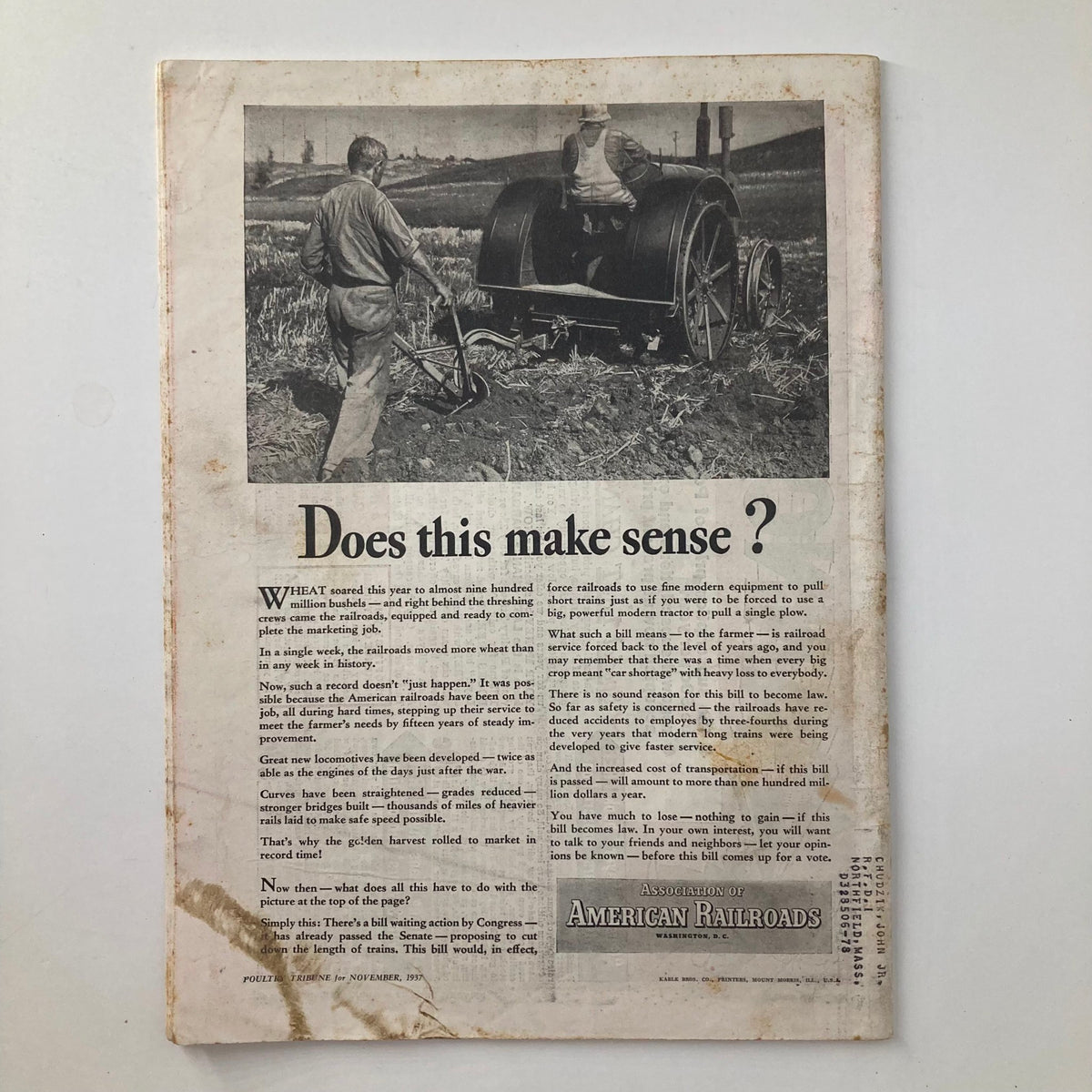 Back cover of the Poultry Tribune Magazine November 1937 discussing agricultural topics and featuring a photograph of farmers.