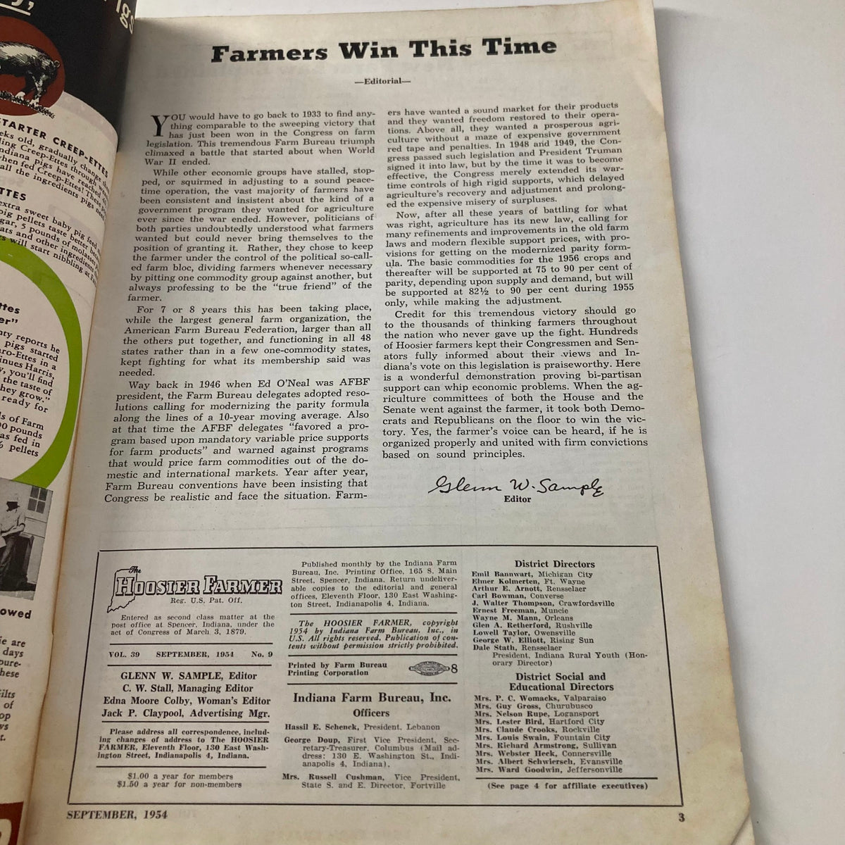 Page from VTG The Hoosier Farmer Magazine September 1954 titled 'Farmers Win This Time' outlining agricultural issues faced by farmers.